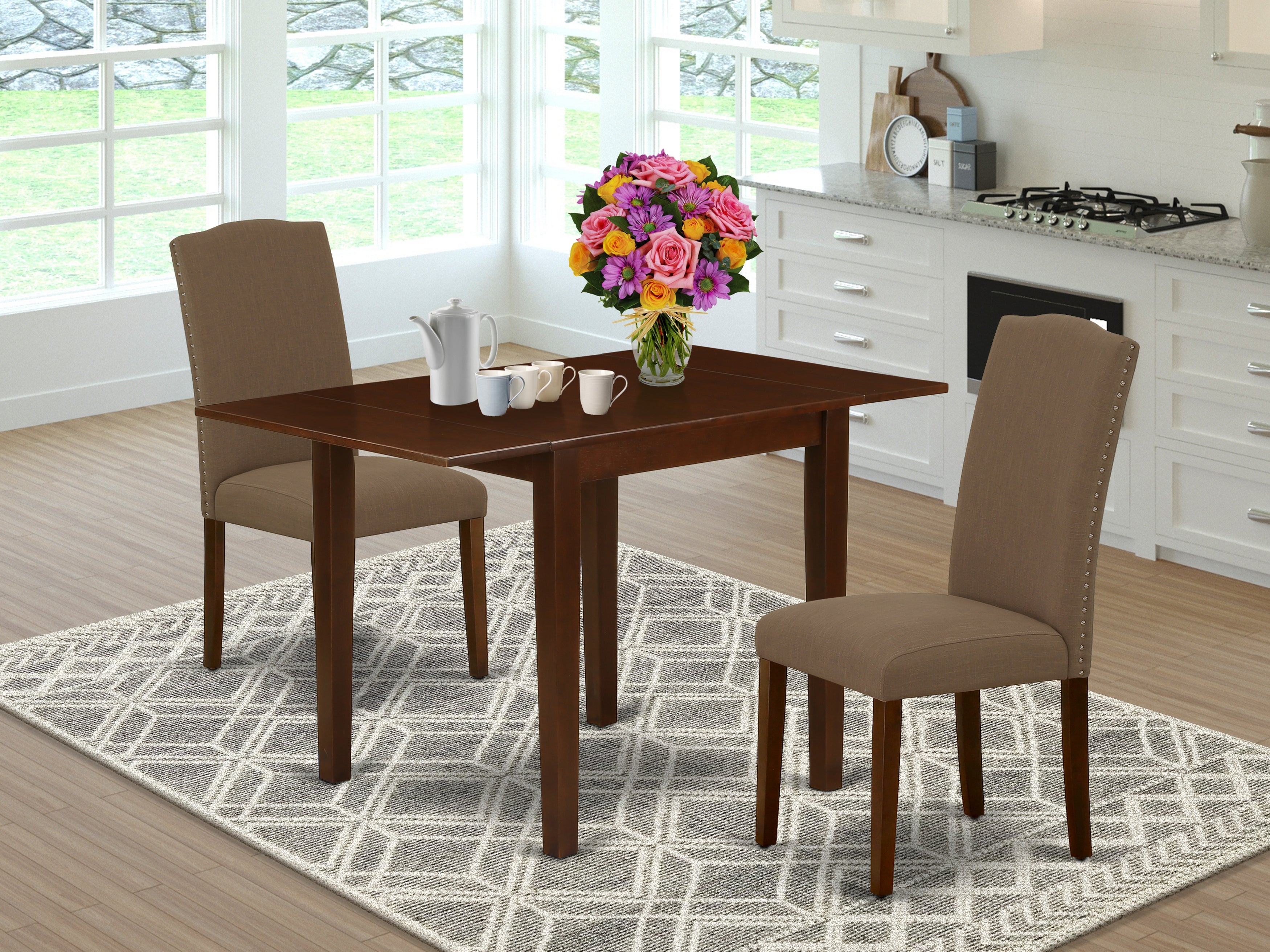 East West Furniture NDEN3-MAH-18 Dining Room Table Set 3 Pcs - 2 Parson Chairs and a Dining Room Table - Mahogany Finish Hardwood - Coffee color Linen Fabric