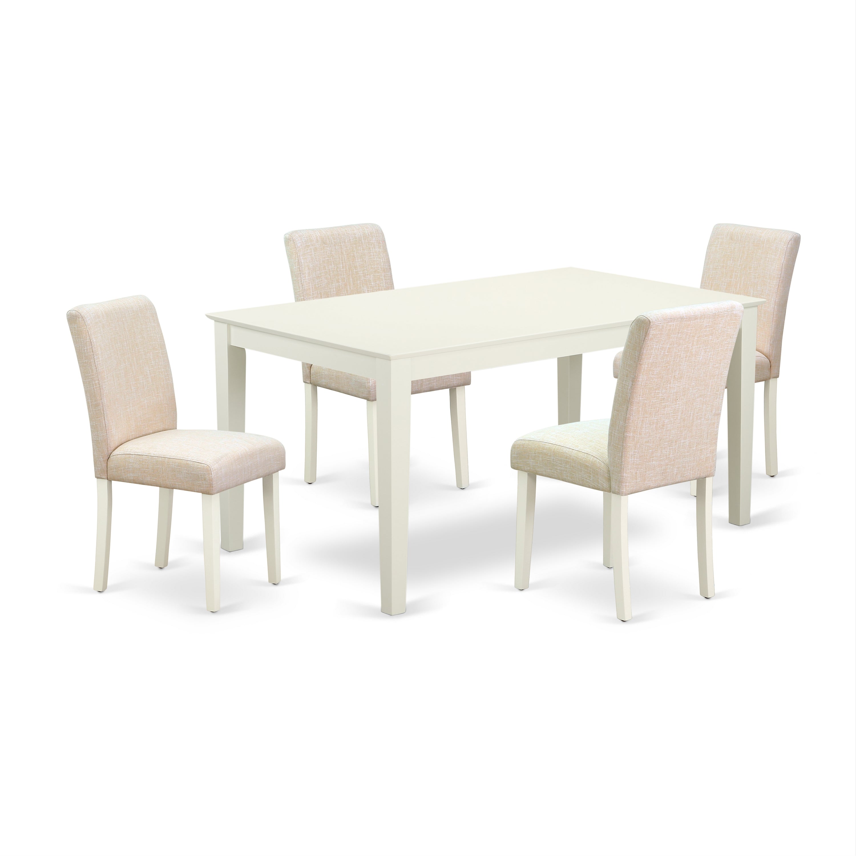 CAAB5-LWH-02 5Pc Rectangle 60" Dining Room Table And 4 Parson Chair With Linen White Leg And Linen Fabric Light Beige