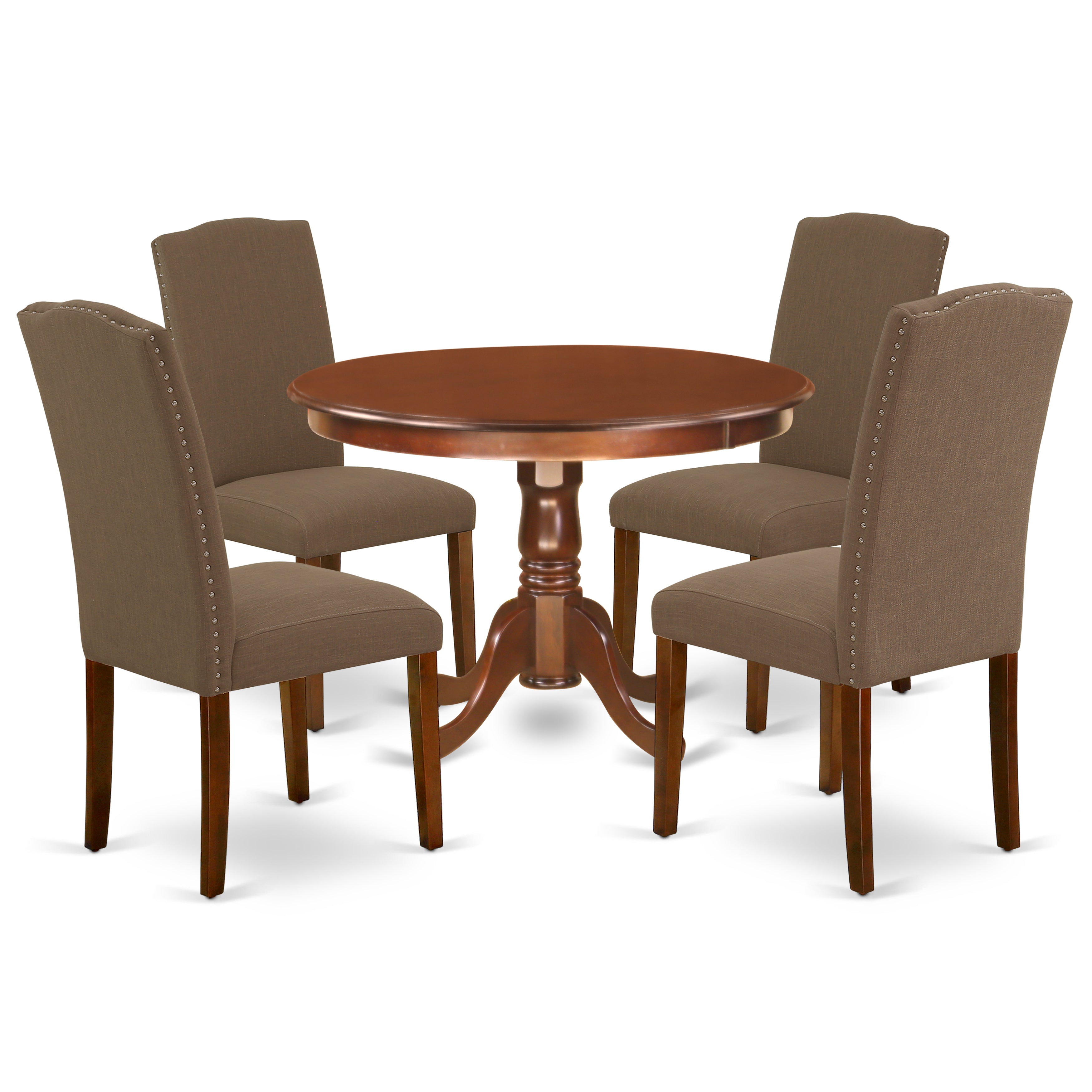 HLEN5-MAH-18 5Pc Round 42 Inch Dinette Table And Four Parson Chair With Mahogany Leg And Linen Fabric Dark Coffee