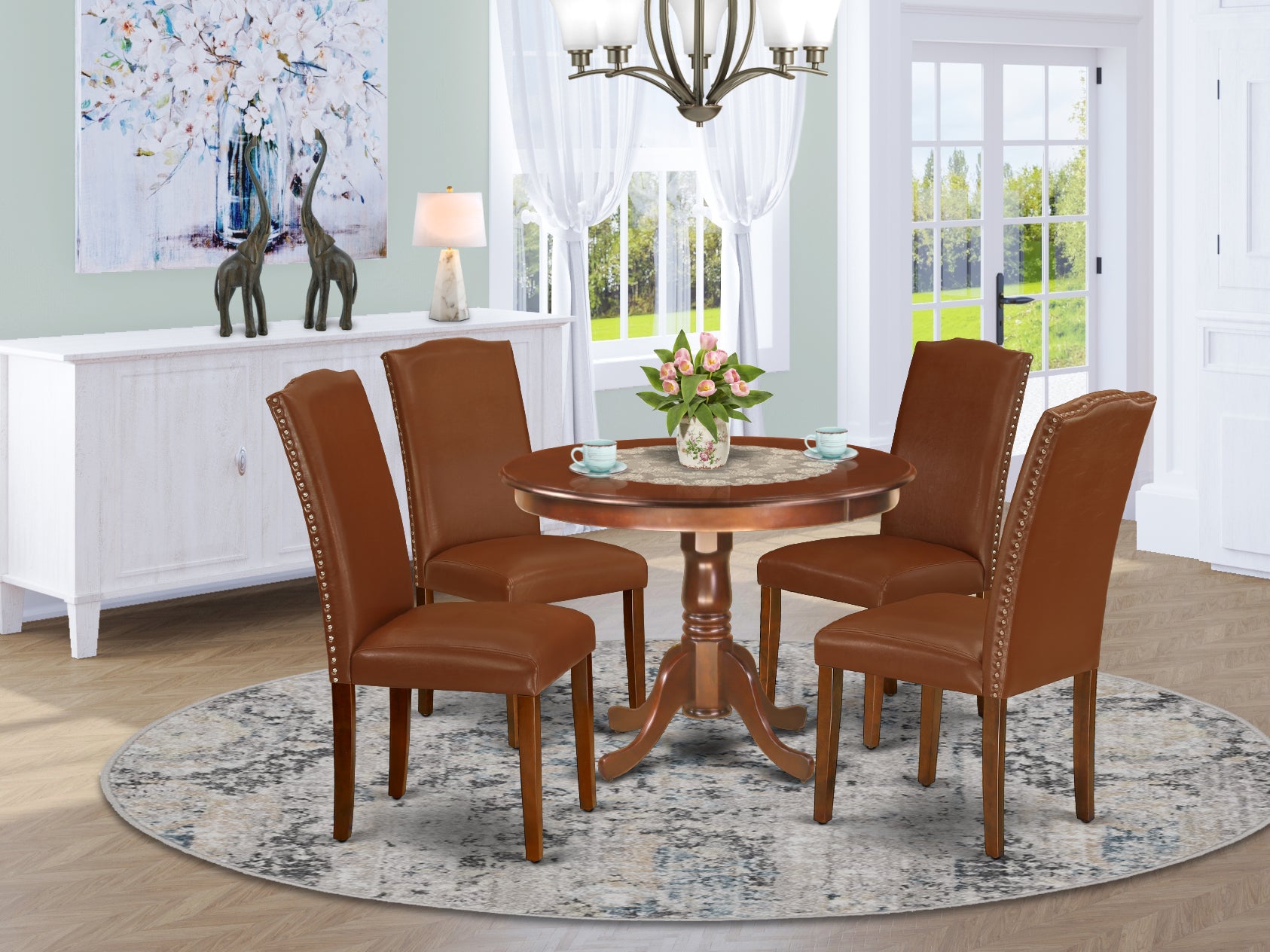 HLEN5-MAH-66 5Pc Round 42 Inch Dinette Table And Four Parson Chair With Mahogany Leg And Brown Flaux Leather