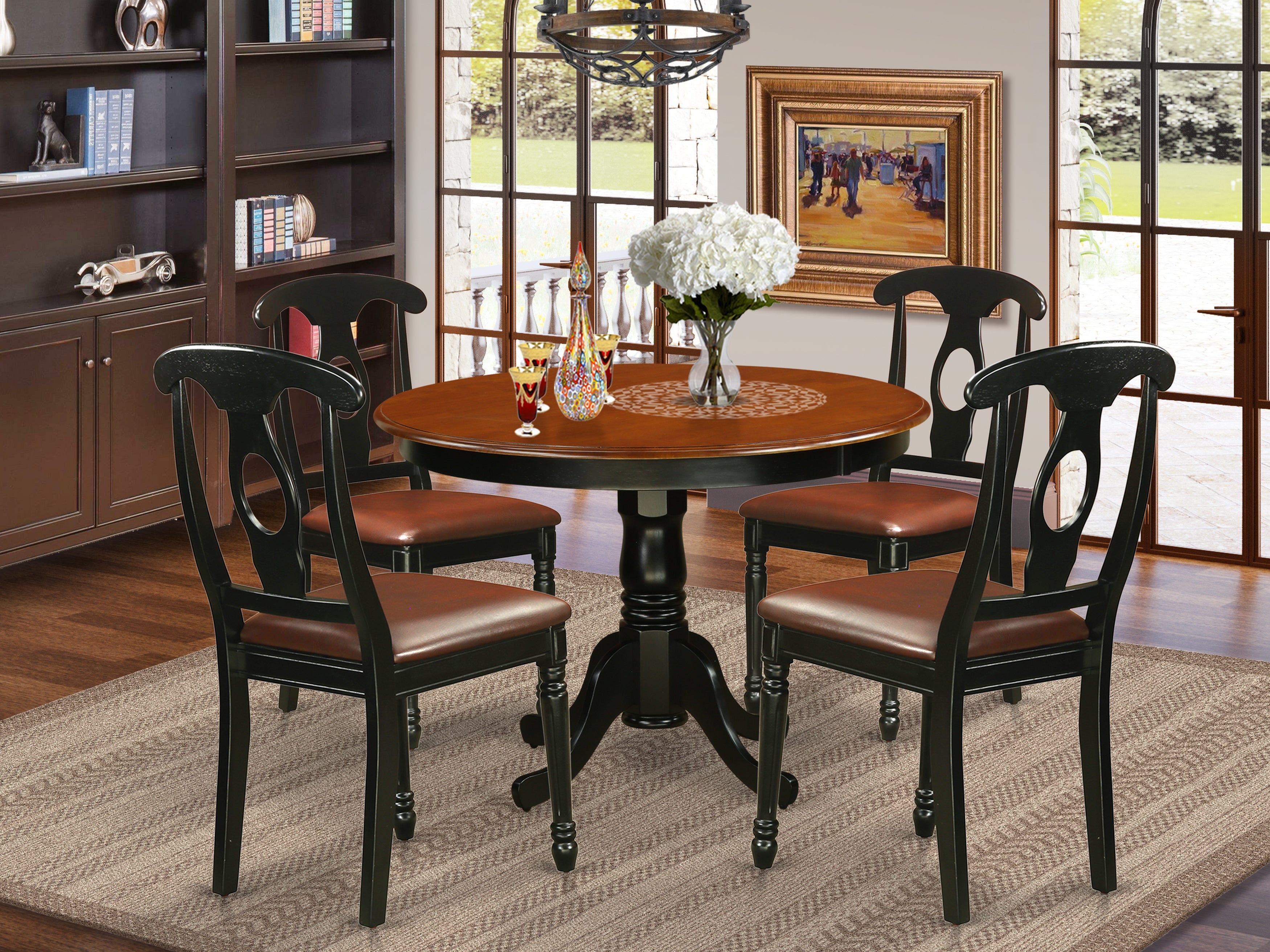 5 Pc Set With Black Cherry Round Dining Room Table and Leatherette Chairs