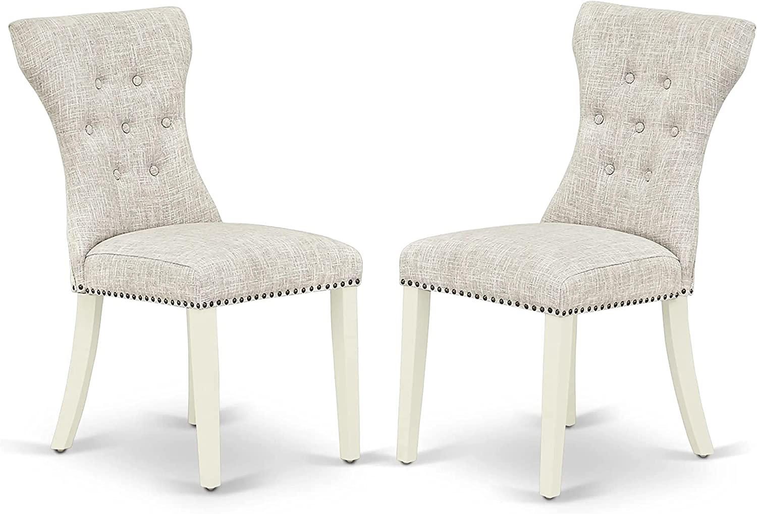 East West Furniture DLGA3-WHI-35 3-Pc Round Dinette Set Included a Wood Kitchen Table & 2 Dining Room Chairs, Doeskin Linen Fabric Dining Room Chairs Seat with Rubber Wood Legs, Linen White Finish