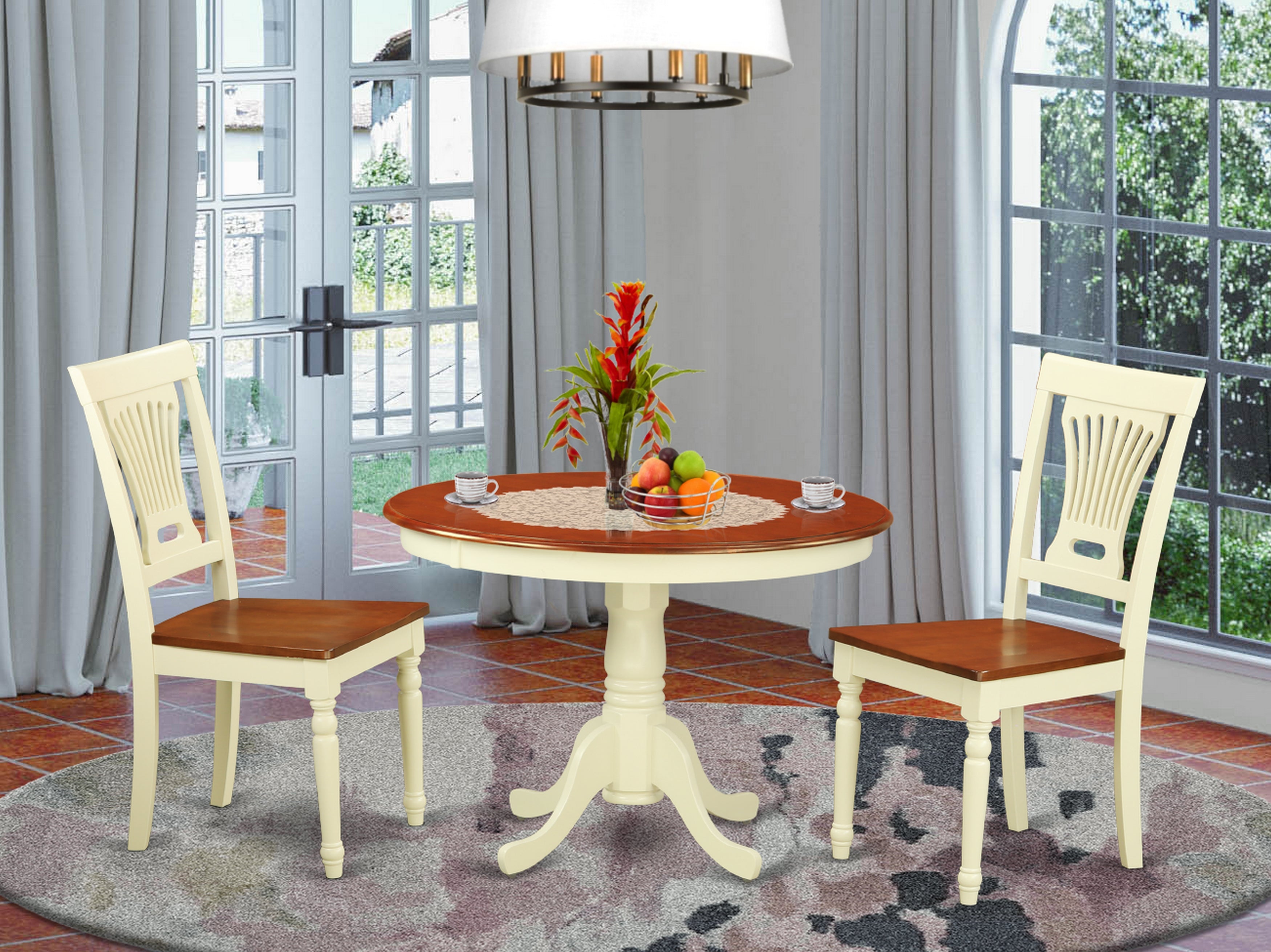 HLPL3-BMK-W 3 Pc set with a Round Dinette Table and 2 Wood Dinette Chairs in Buttermilk and Cherry .