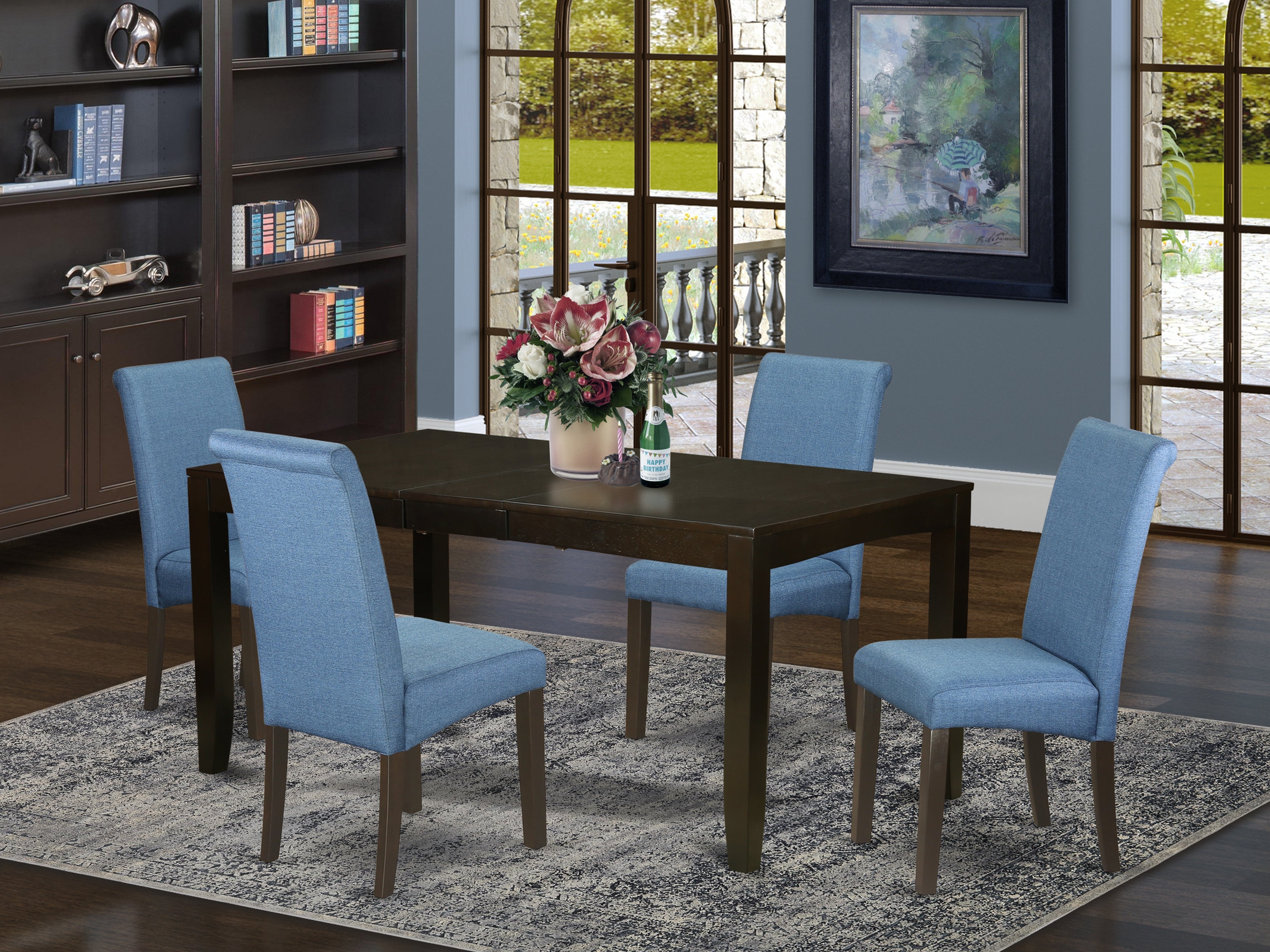 LYBA5-CAP-21 5Pc Kitchen table with linen Blue fabric Parson chairs with cappuccino chair legs