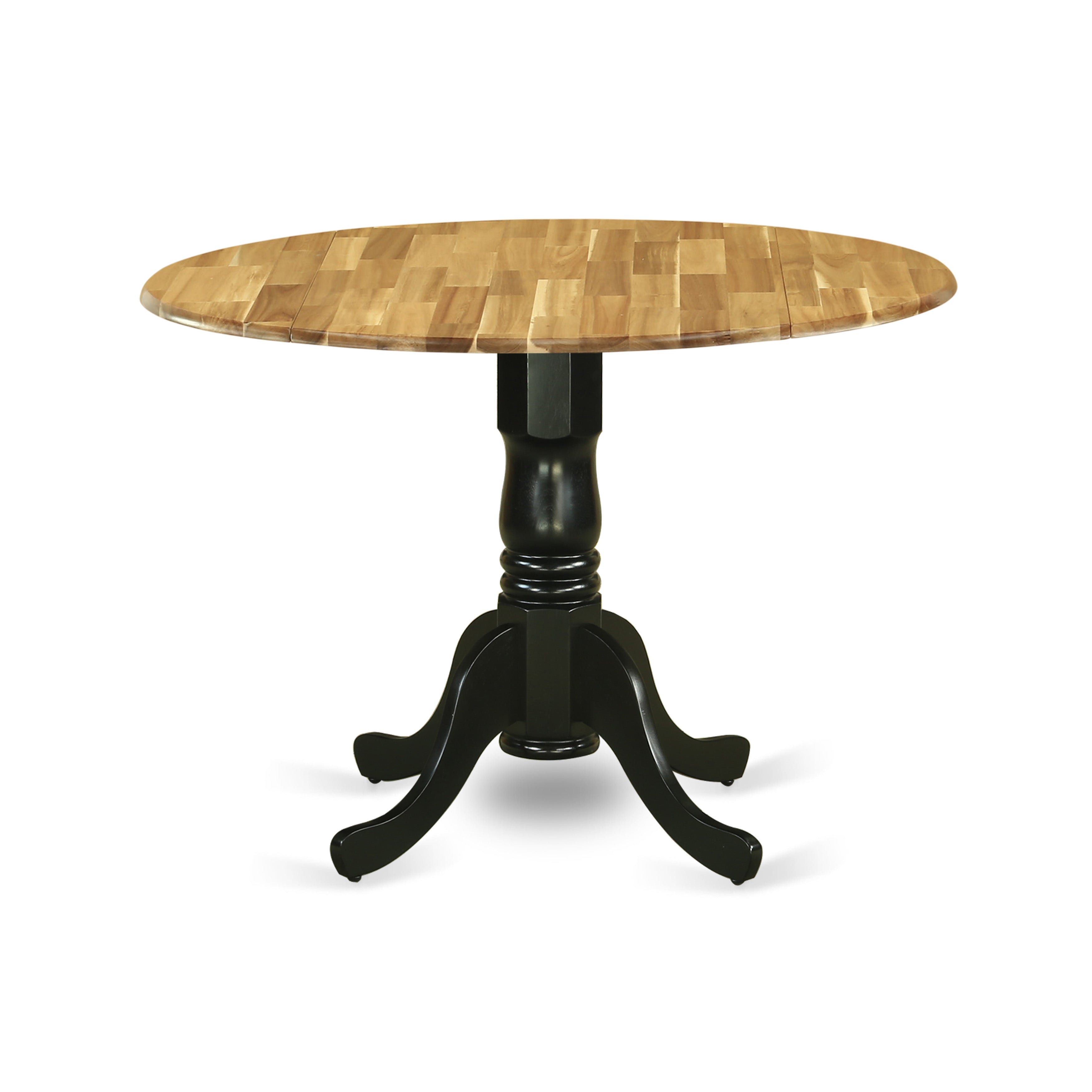 DMT-NBK-TP Dublin Dining Table Made of Acacia Wood offering Wood Texture with Two 9 Inch Drop Leaves, 42 Inch Round, Wirebrushed Black Pedestal