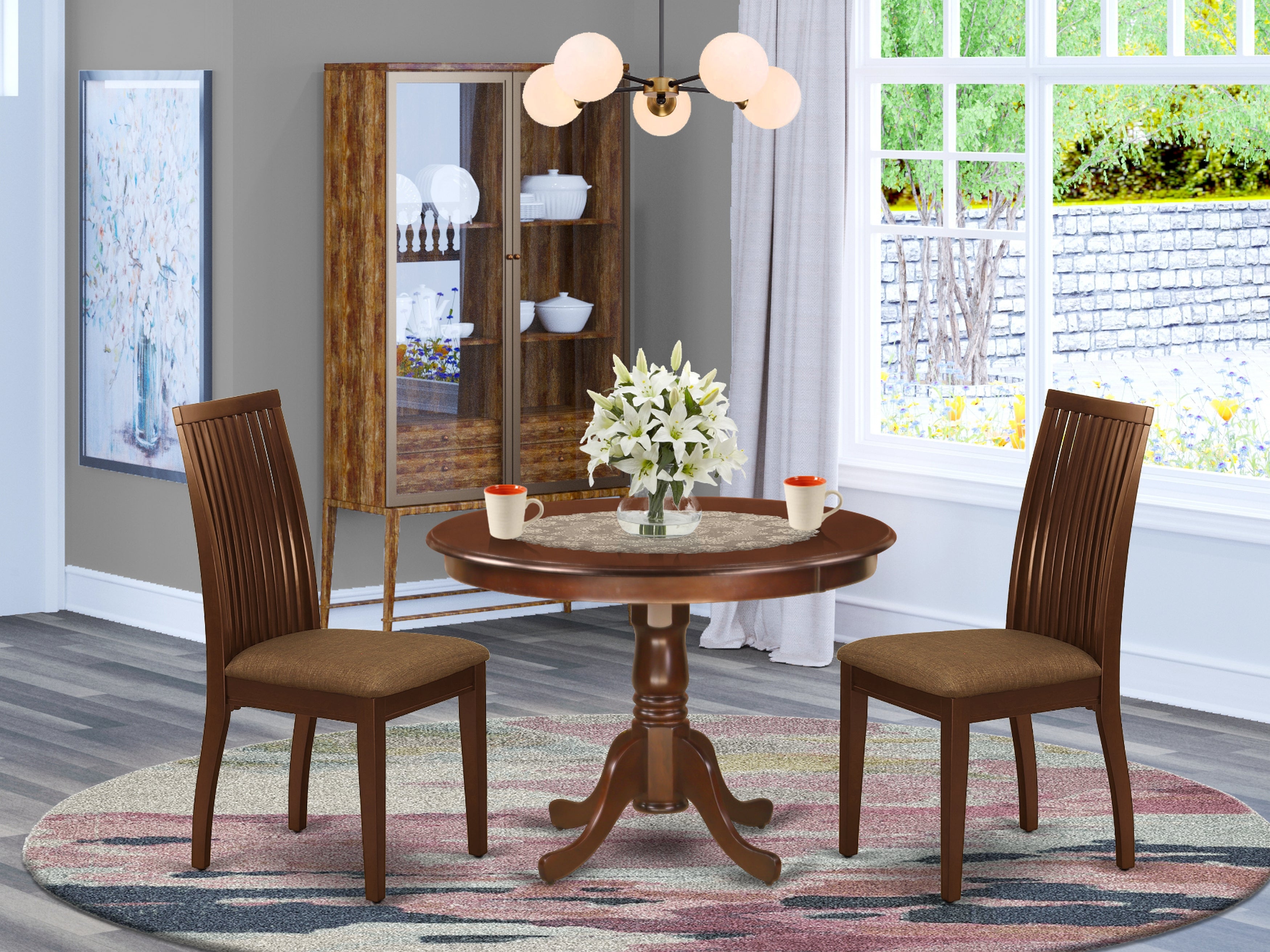 HLIP3-MAH-C 3Pc Dinette Set Includes a Rounded Kitchen Table and Two Microfiber Seat Dining Chairs, Mahogany Finish