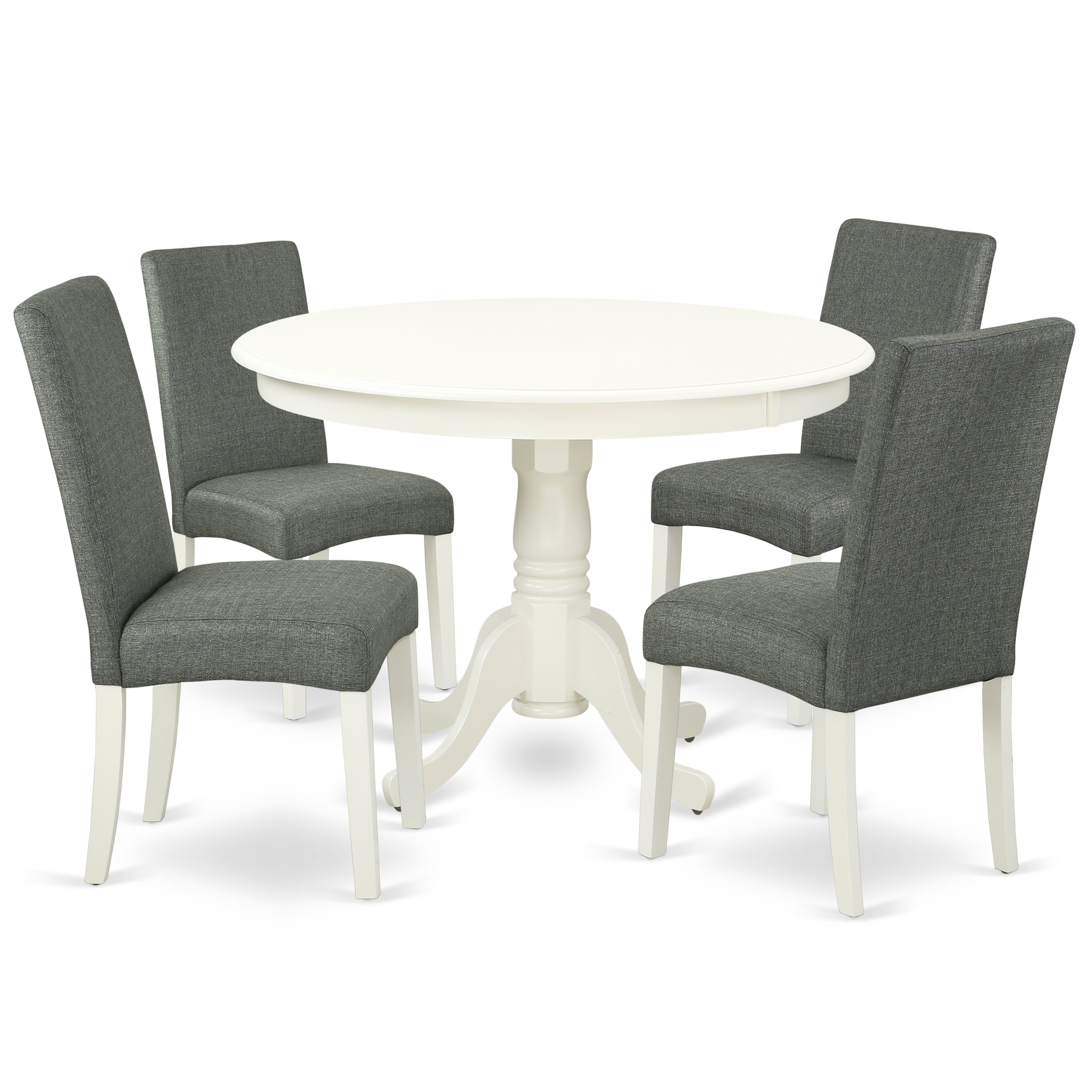 HLDR5-LWH-07 5Pc Round 42 Inch Dinette Table And Four Parson Chair With Linen White Finish Leg And Linen Fabric- Gray Color