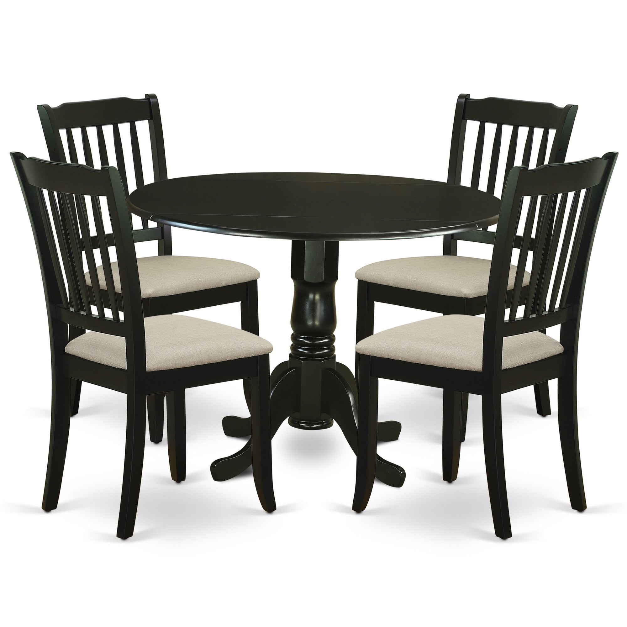 DLDA5-BLK-C 5Pc Dining Set Includes a Round Dinette Table with Drop Leaves and Four Vertical Slatted Microfiber Seat Kitchen Chairs, Black Finish