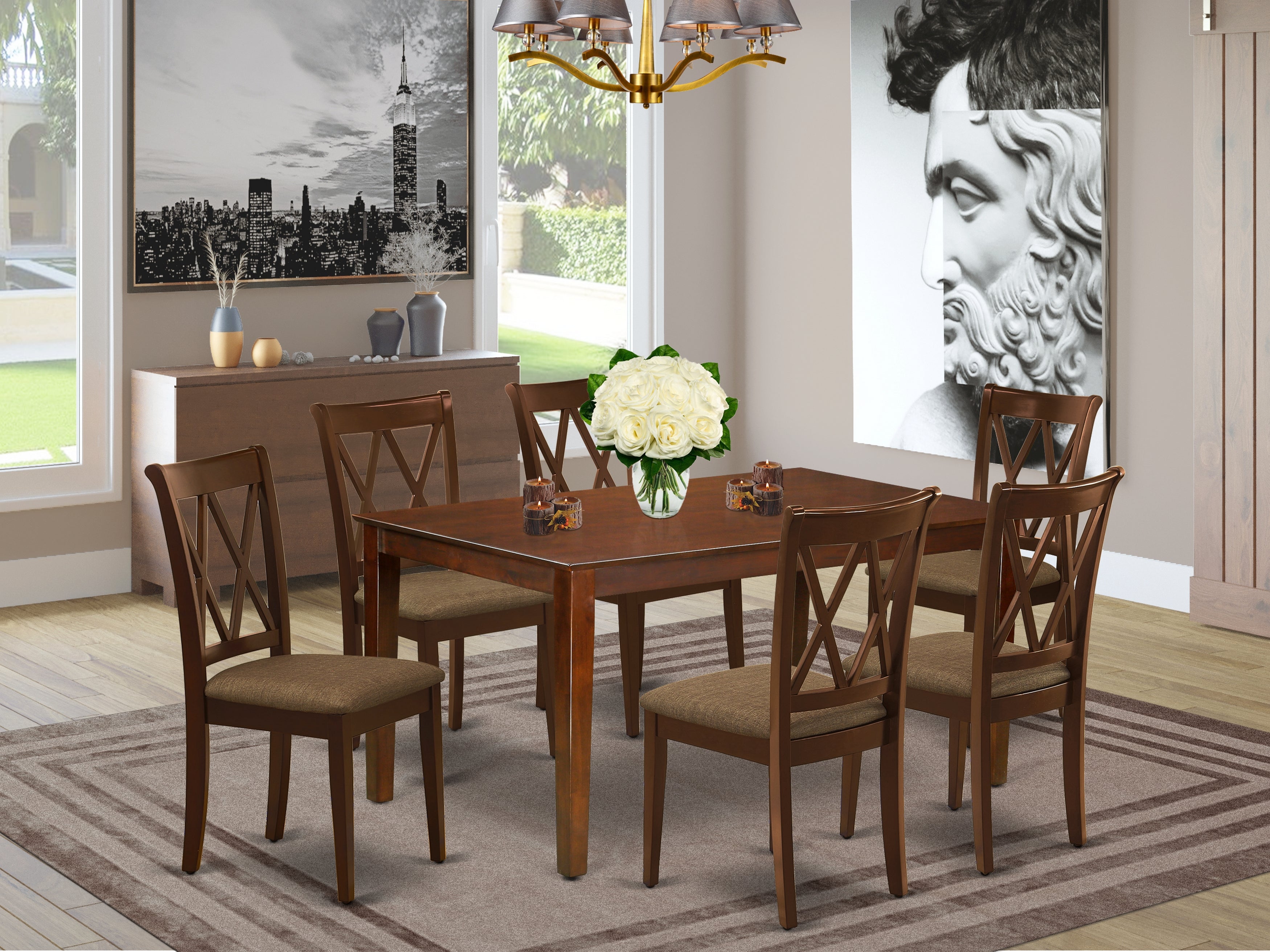 CACL7-MAH-C 7Pc Dinette Set Includes a Rectangular Kitchen Table and Six Double X Back Microfiber Seat Dining Chairs, Mahogany Finish