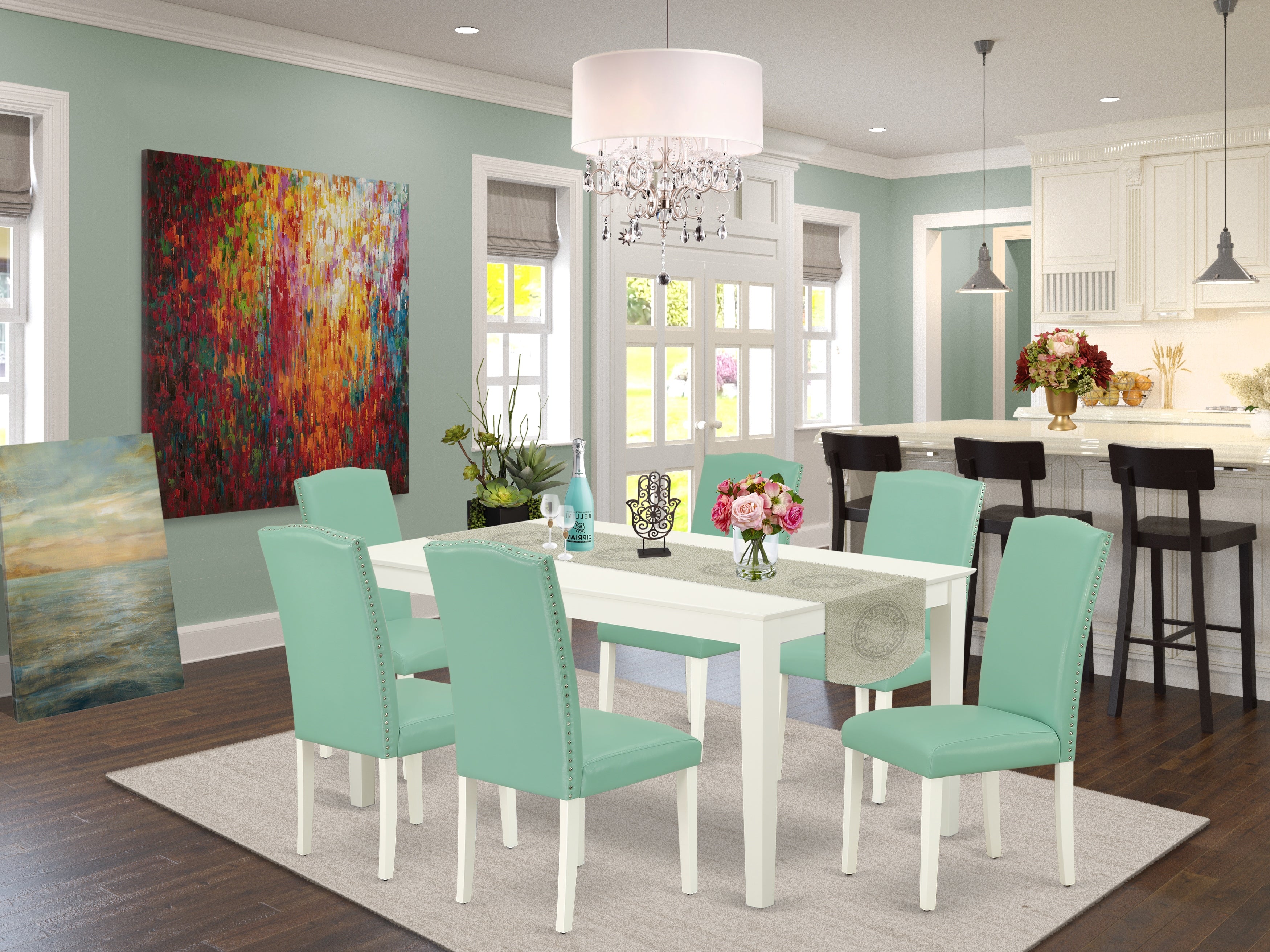 CAEN7-LWH-57 7Pc Rectangle 60" Dining Table And 6 Parson Chair With Linen White Leg And Pu Leather Color Pond