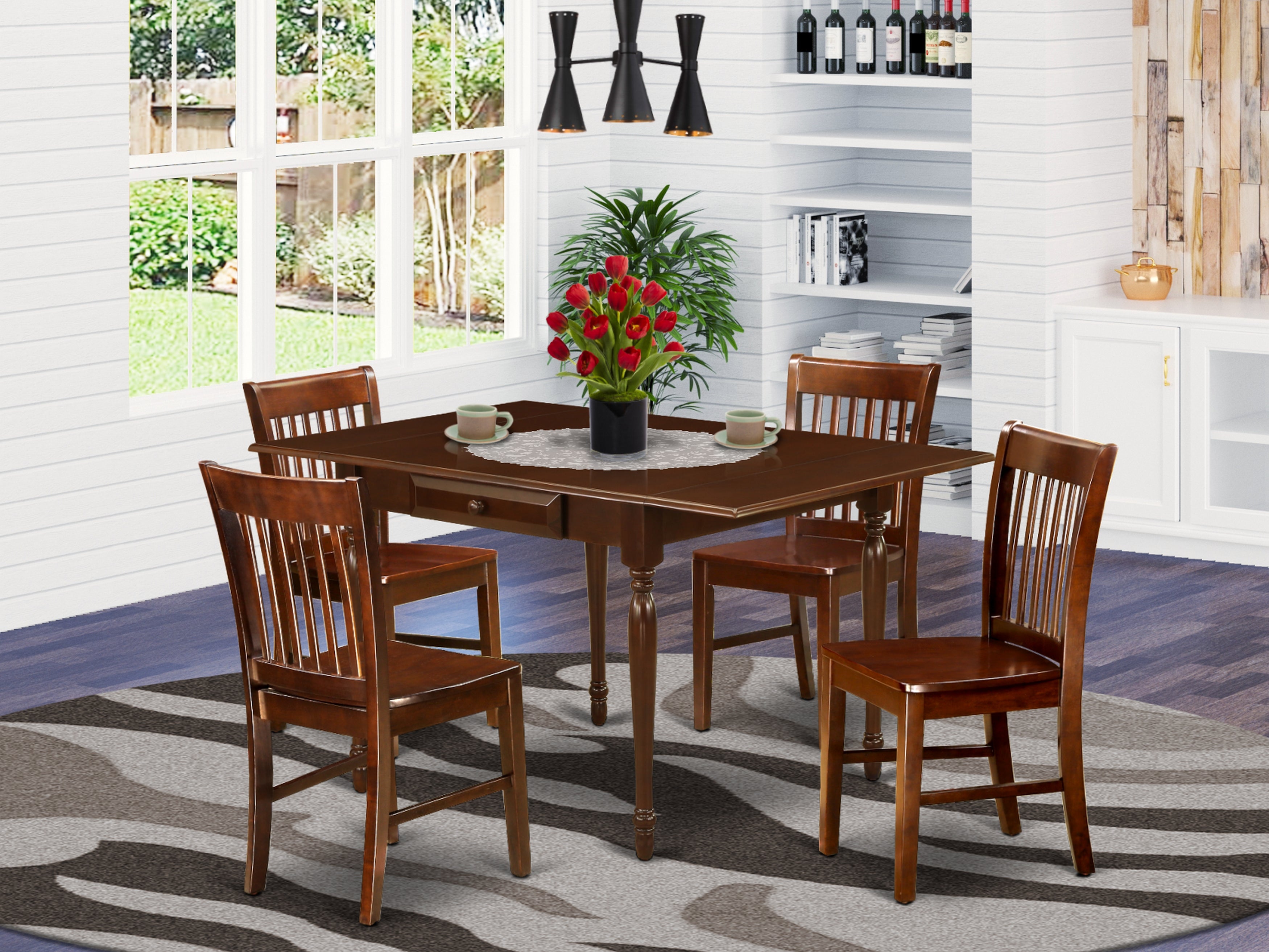 East West Furniture MZNO5-MAH-W 5 Pieces Kitchen Table set - Heavy Duty Drop Leaf Hardwood Modern Dining Table and 4 Real Wood Seat Dining Room Chairs, Mahogany Finish