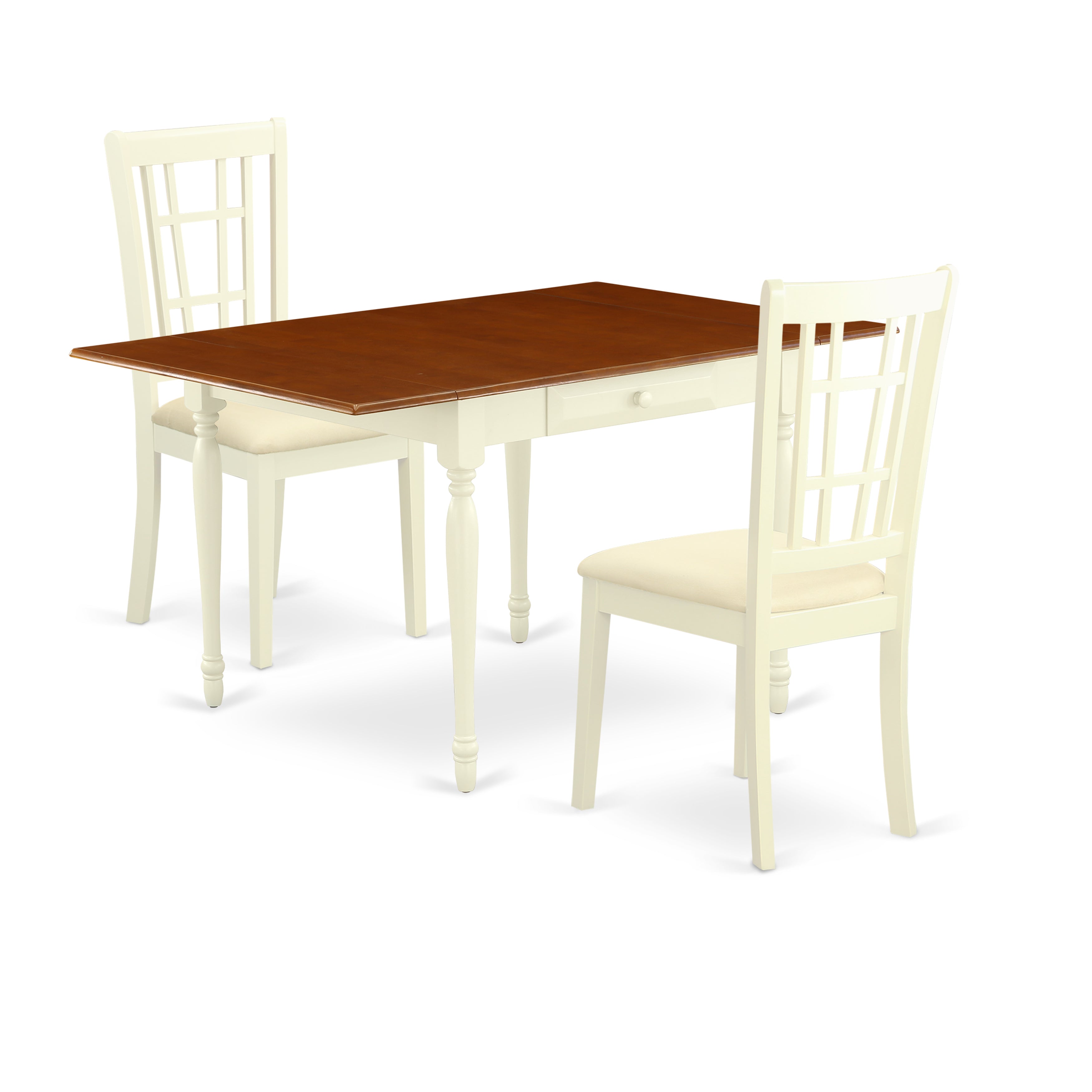 East West Furniture MZNI3-WHI-C 3 Pieces Dining Room Table set - Robust Drop Leaf Hardwood Wood Kitchen Table and 2 Microfiber Upholstery Seat Dining Room Chairs, Buttermilk and Cherry Finish