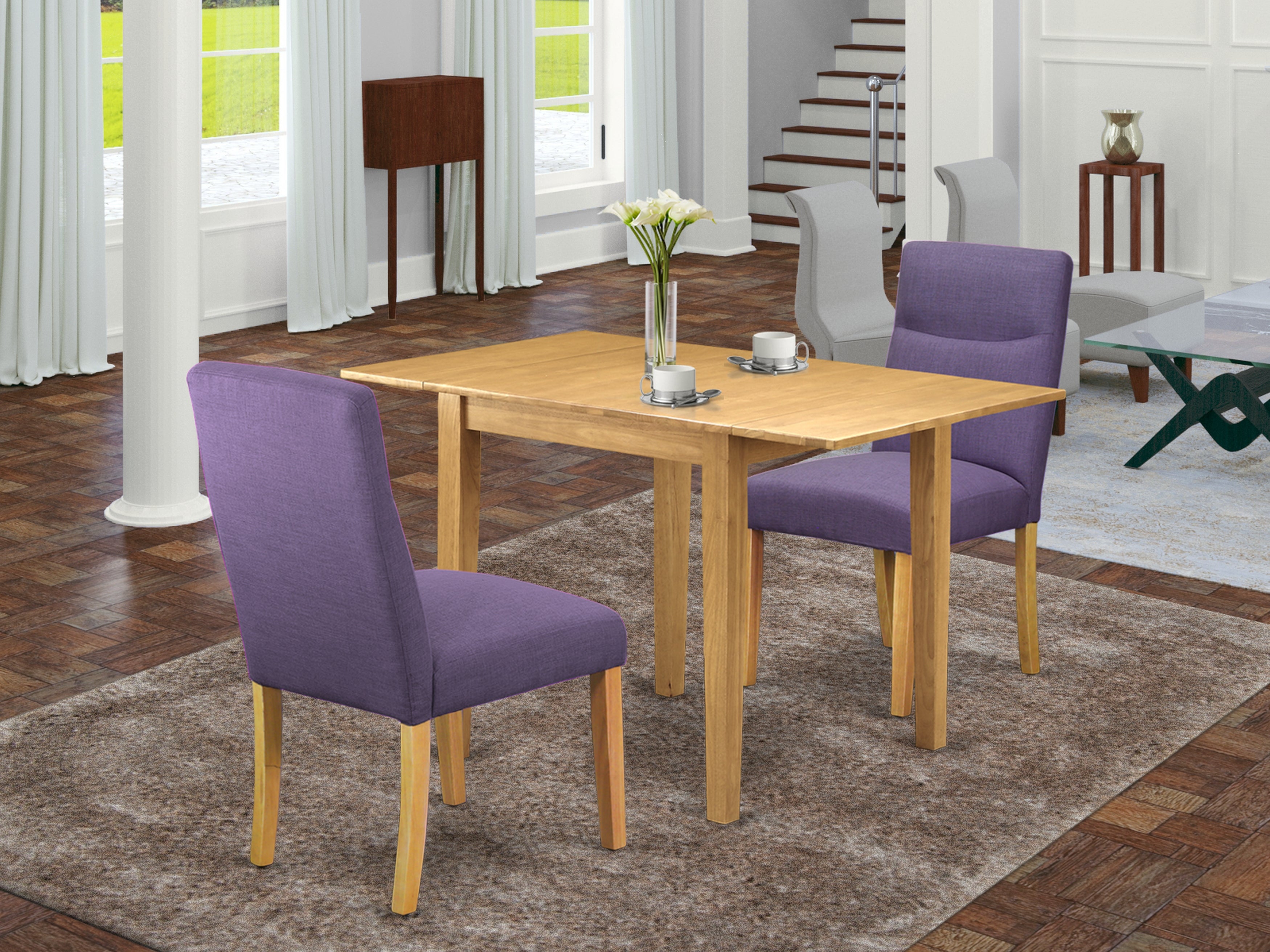 East West Furniture NDBE3-OAK-10 Wooden Dining Table Set 3 Pc - Two Chairs for Dining Room and a Dining Room Table - Oak Finish Hardwood - Dahlia Color Linen Fabric