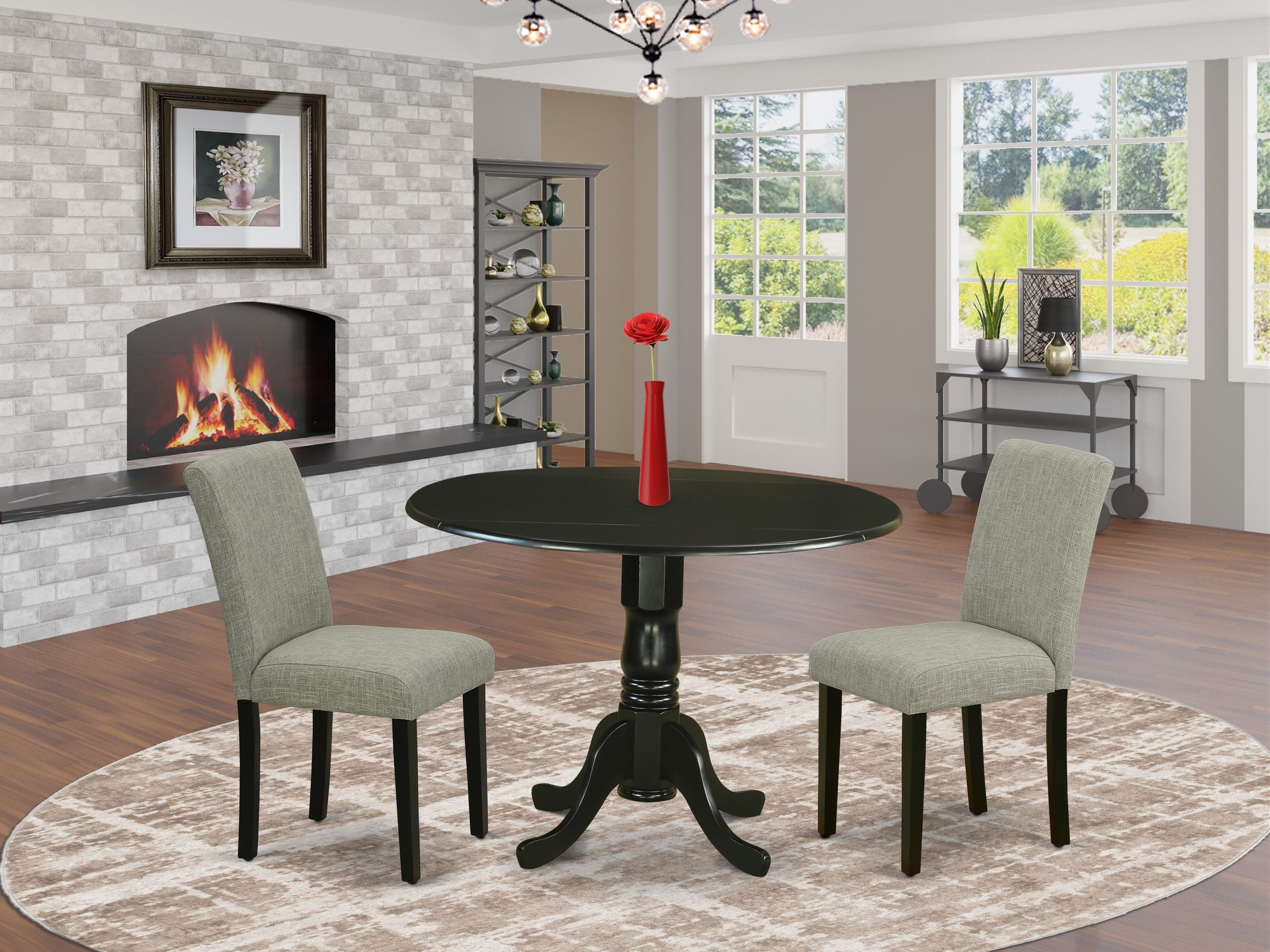 DLAB3-BLK-06 3Pc Round 42" Dining Room Table With Two 9-Inch Drop Leaves And 2 Parson Chair With Black Leg And Linen Fabric Shitake