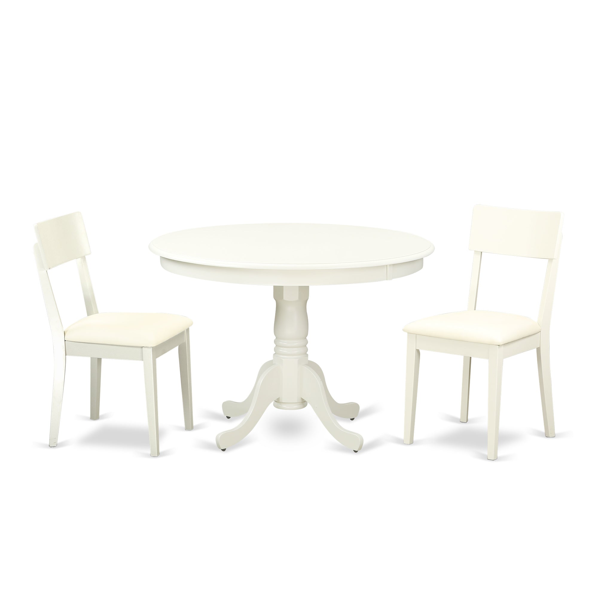 HLAD3-LWH-LC 3 Piece Hartland Set With One Round 42in Dinette Table And Two Dinette Chairs With faux leather Seat In A Beautiful Linen White Finish.