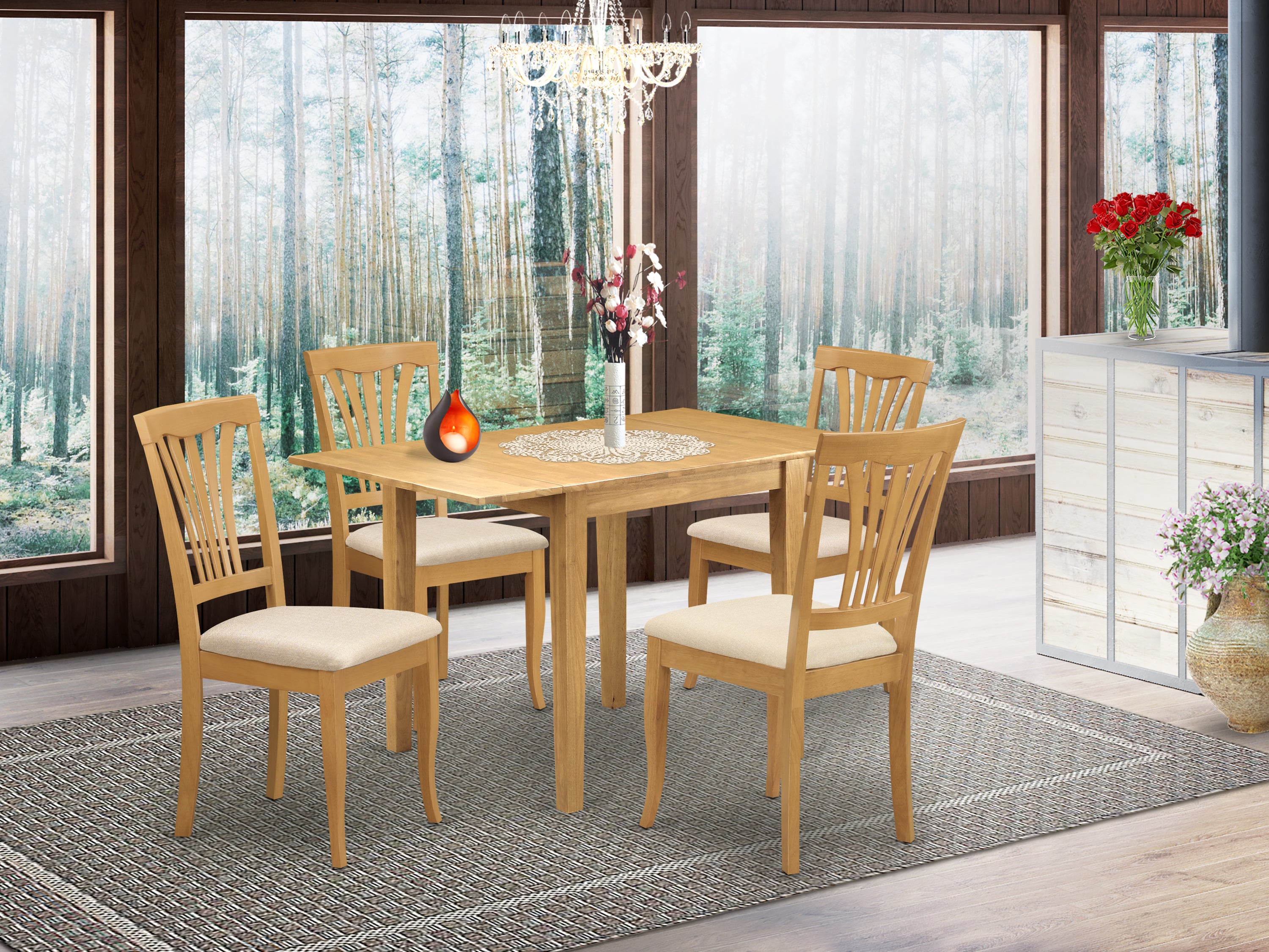 East West Furniture NDAV5-OAK-C Dining Room Table Set 5 Piece - Four Great Wooden Dining Chairs - a Gorgeous dining room table - Oak Color Microfiber - Oak Finish Hardwood Frame