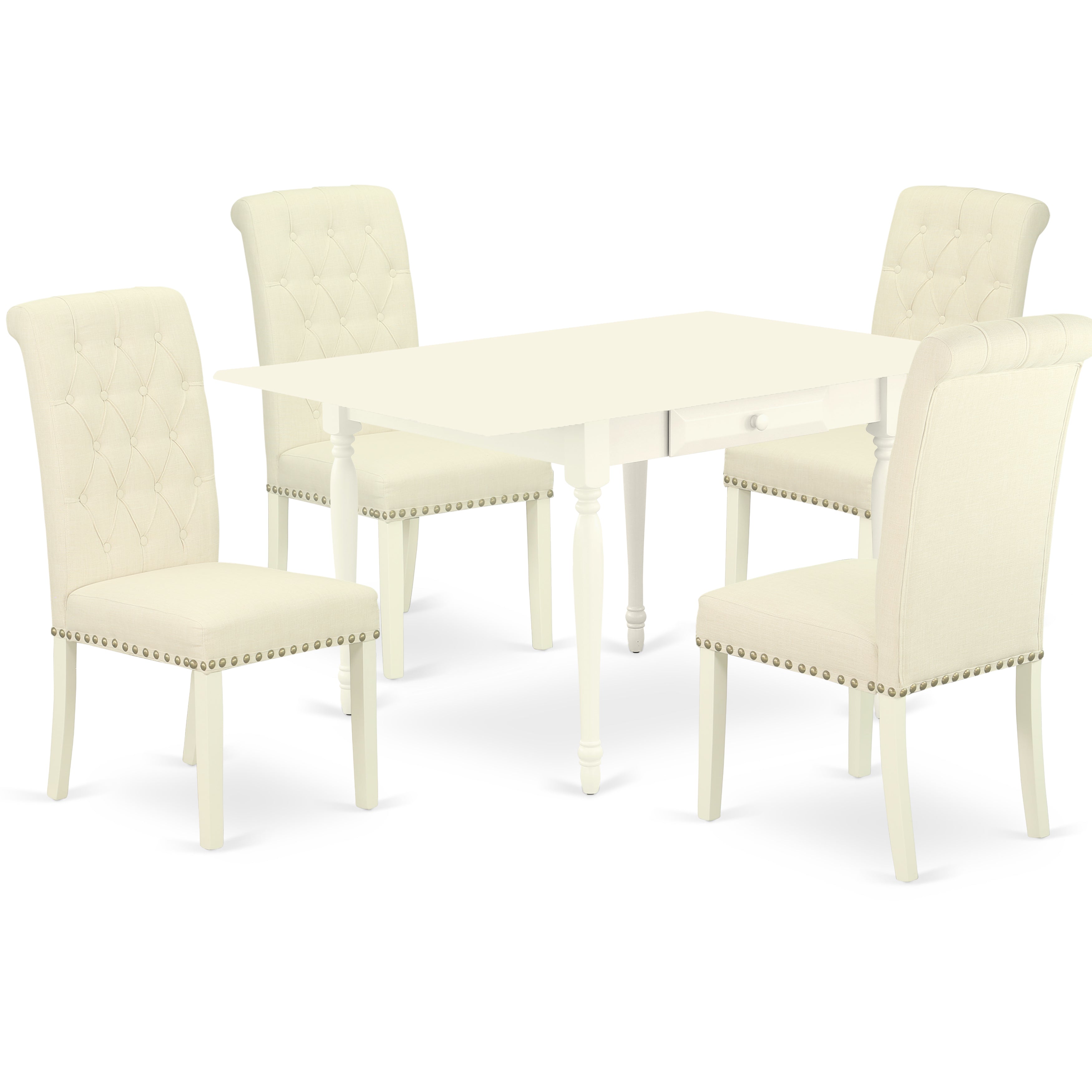East West Furniture MZBR5-LWH-02 5Pc Dinette Set Includes a Small Table and 4 Parsons Dining Chairs with Light Beige Color Linen Fabric, Drop Leaf Table with Full Back Chairs, Linen White Finish