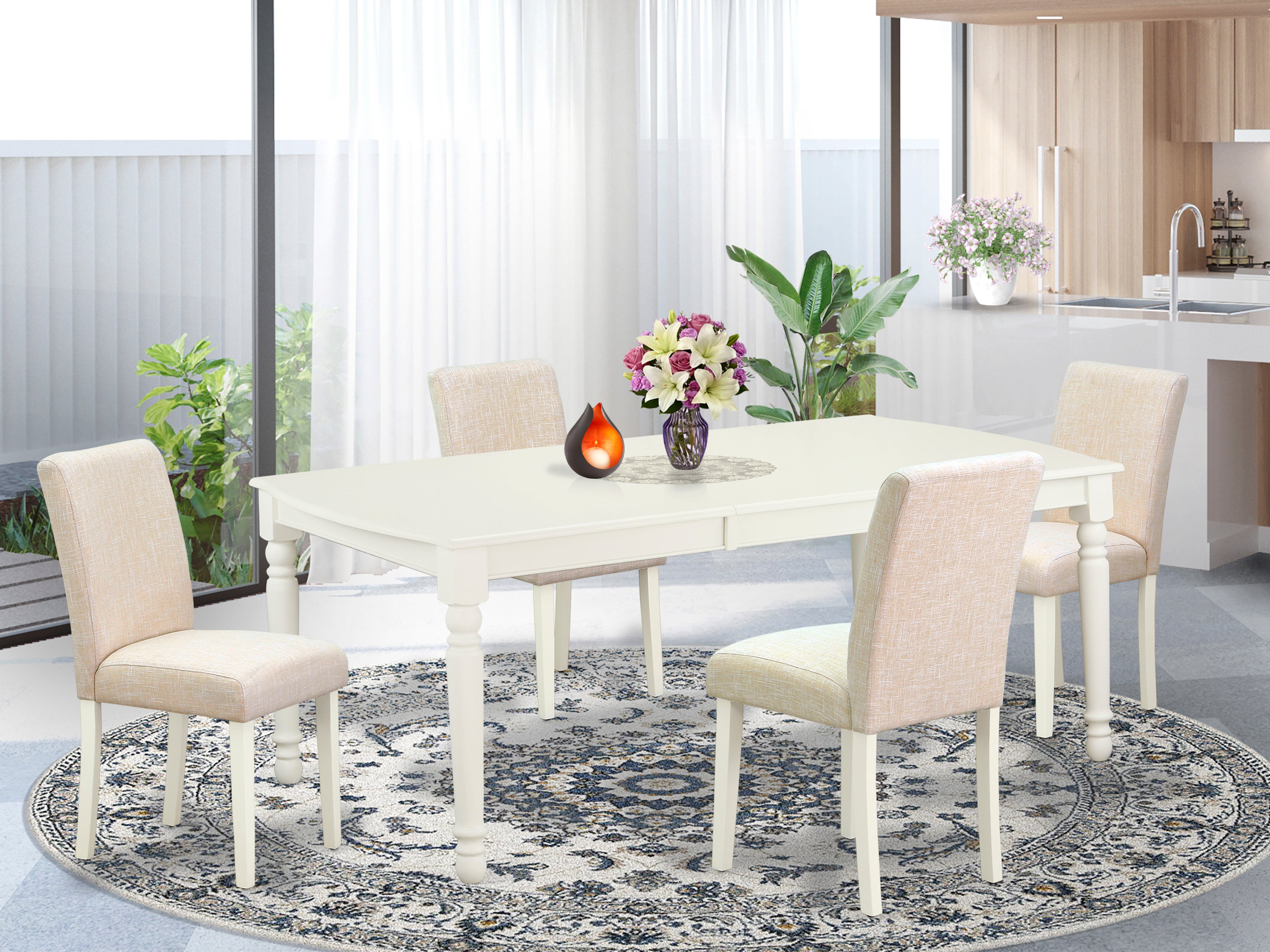 DOAB5-LWH-02 5Pc Rectangular 60/78" Table With 18 In Leaf And Four Parson Chair With Linen White Leg And Linen Fabric Light Beige