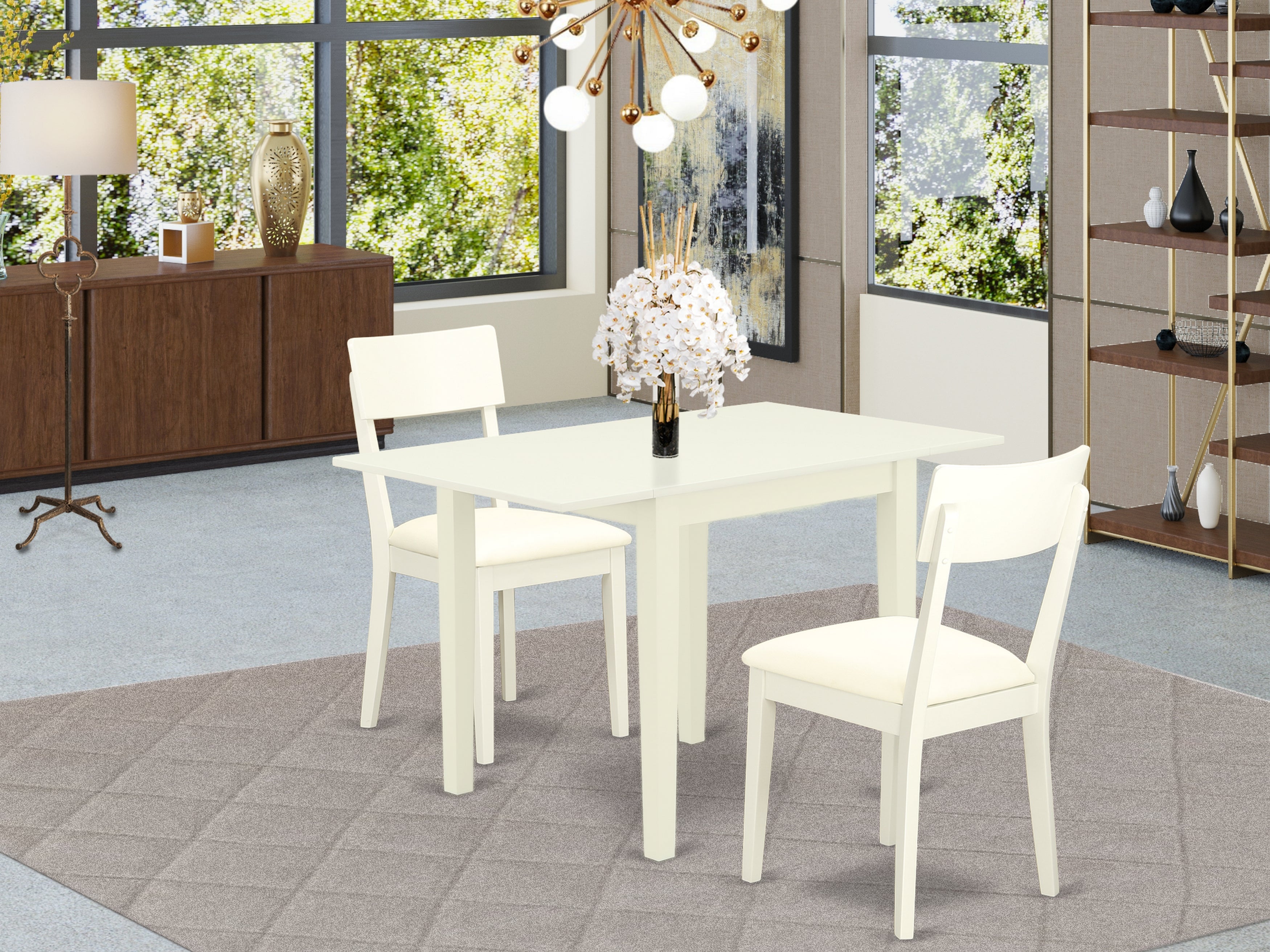 East West Furniture NDAD3-LWH-LC Wooden Dining Table Set 3 Pc - Two Wooden Dining Chairs and a Dining Table - Linen White Finish Wood - Linen White Color Faux Leather