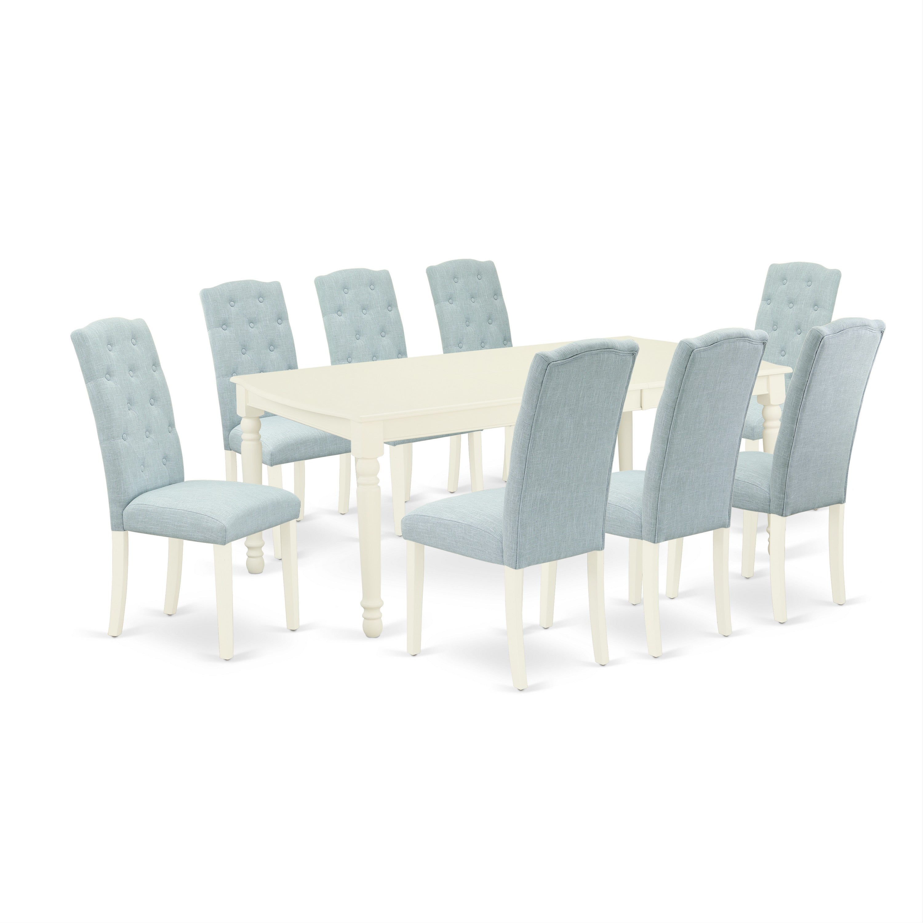 DOCE9-LWH-15 9Pc Dining Set Includes a Rectangle Dinette Table with Butterfly Leaf and Eight Parson Chairs with Baby Blue Fabric, Linen White Finish