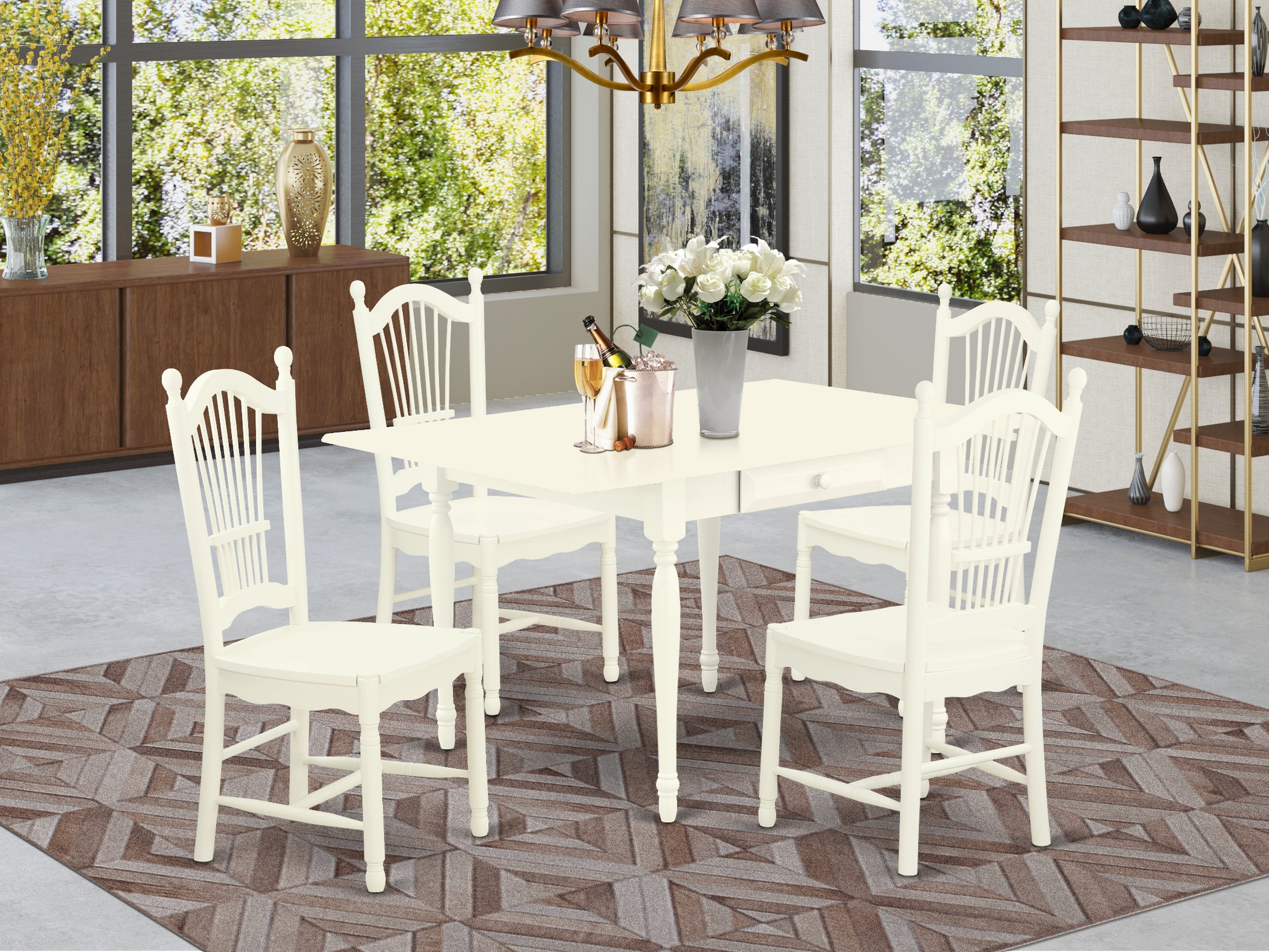 East West Furniture MZDO5-LWH-W 5Pc Wood Dining Table Set Consists of a Small Table and 4 Wooden Dining Chairs with Solid Wood Seat, Drop Leaf Table with Panel Back Chairs, Linen White Finish