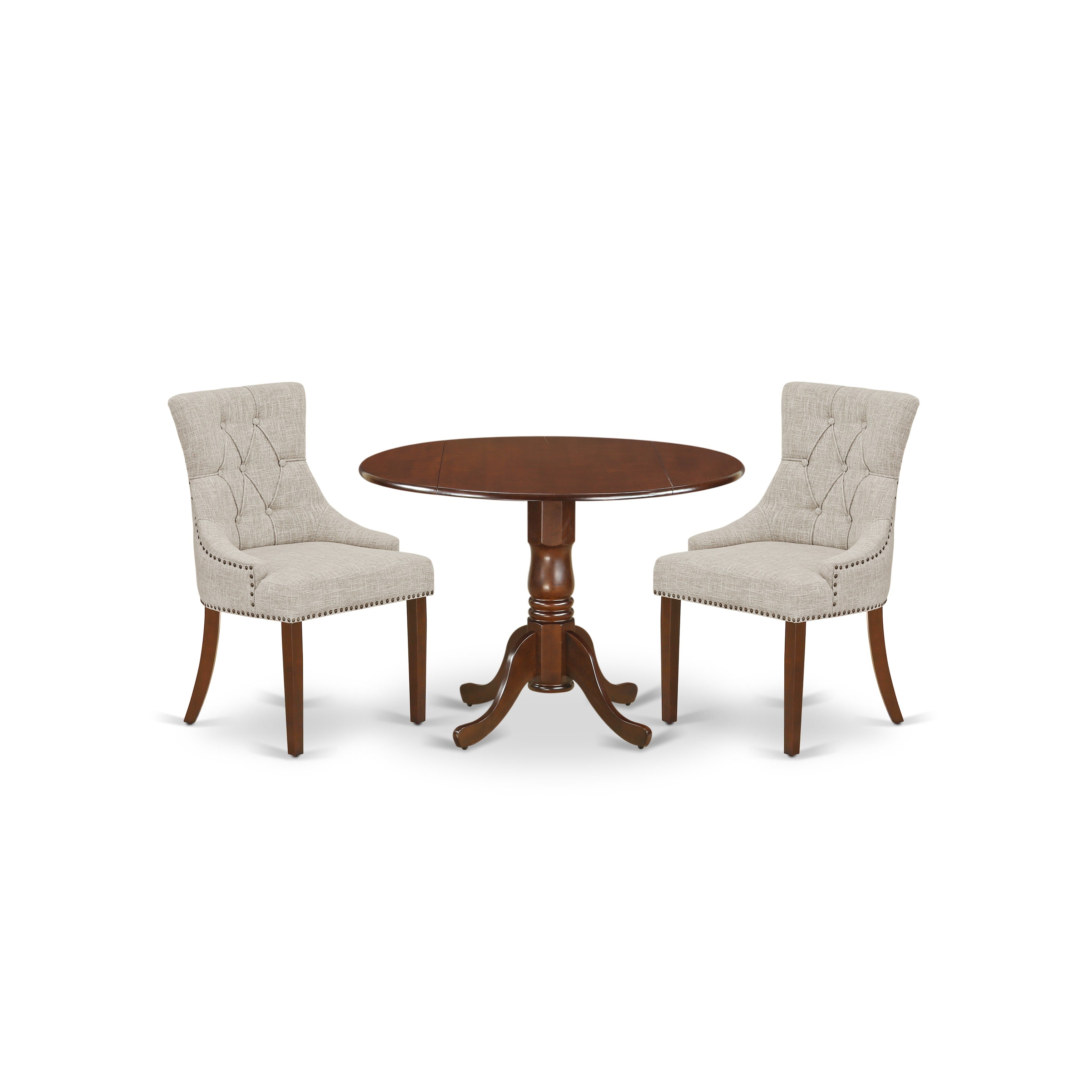 DLFR3-MAH-05 3Pc Dinette Set Includes a Rounded Kitchen Table with Drop Leaves and Two Parson Chairs with Doeskin Fabric, Mahogany Finish