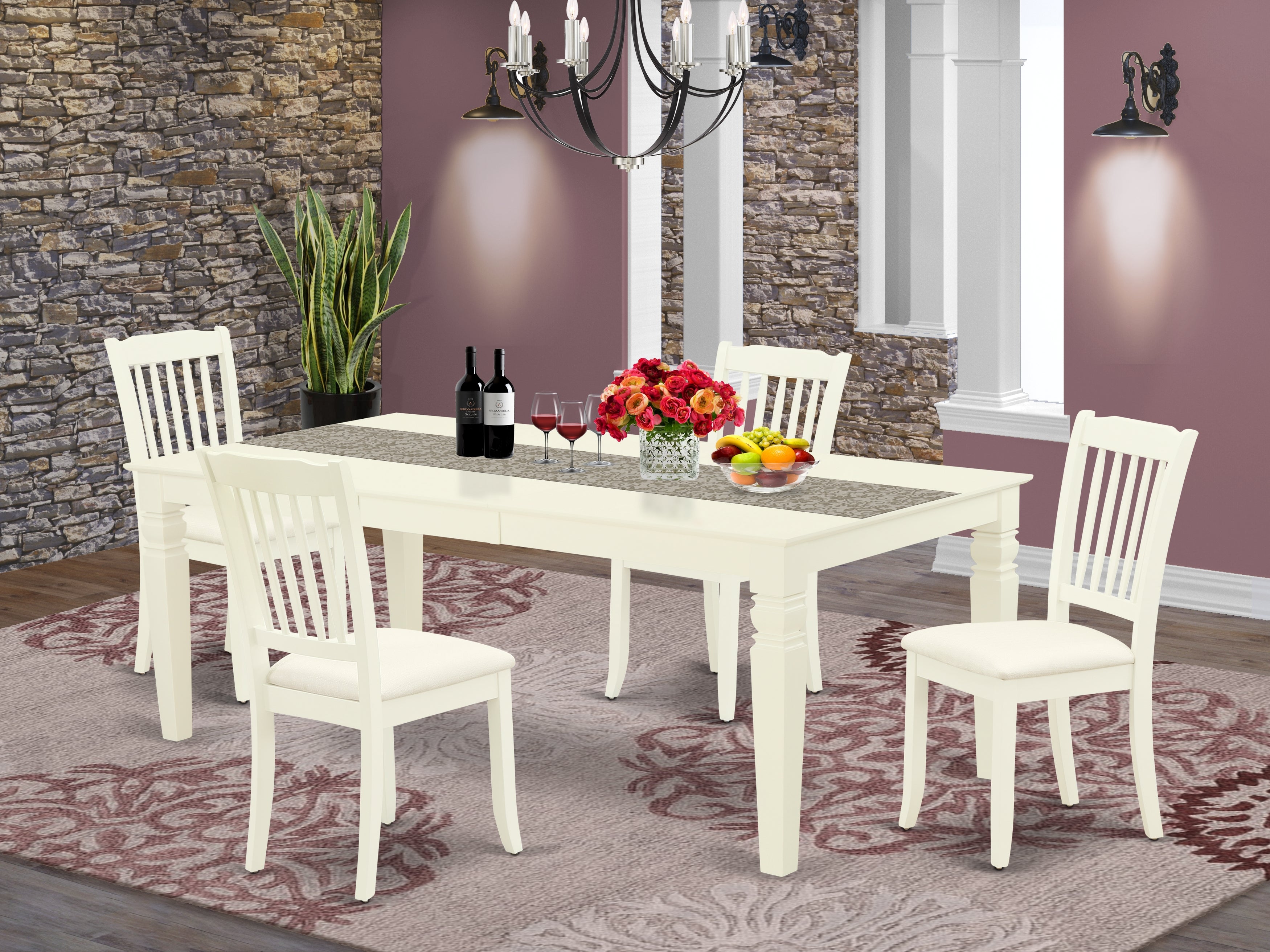 LGDA5-LWH-C 5Pc Dining Set Includes a Rectangle Dining Table with Butterfly Leaf and Four Vertical Slatted Microfiber Seat Kitchen Chairs, Linen White Finish