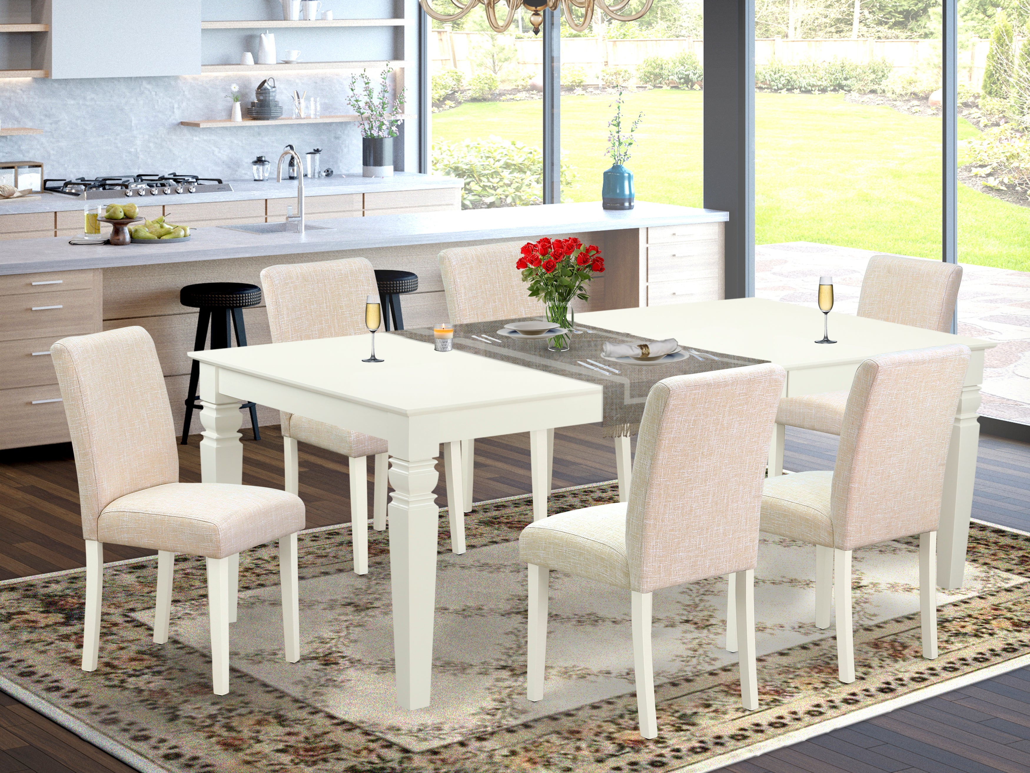 LGAB7-LWH-02 7Pc Rectangle 66/84" Kitchen Table With 18 In Self Storing Butterfly Leaf And Six Parson Chair With Linen White Leg And Linen Fabric Light Beige