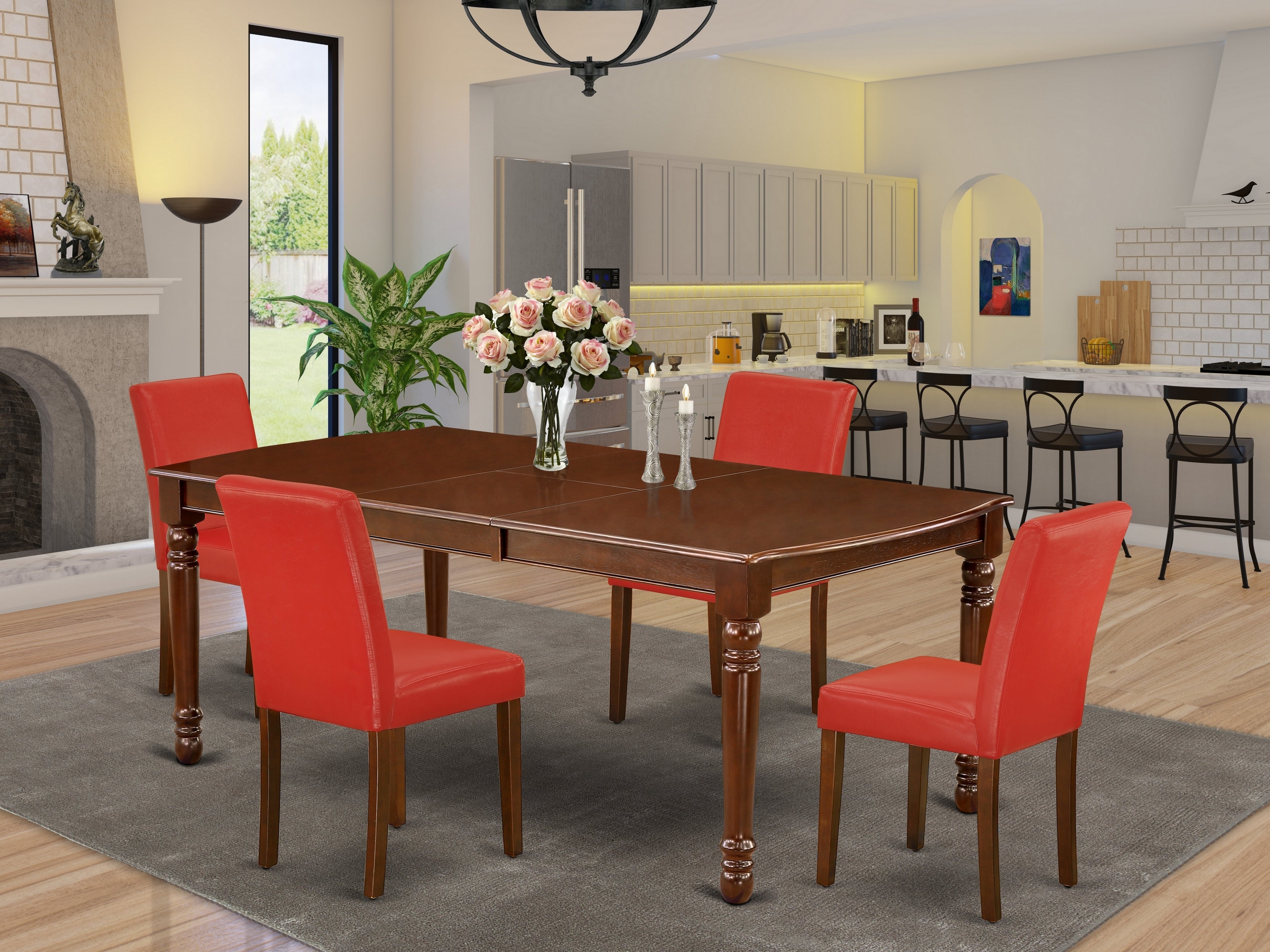 DOAB5-MAH-72 5Pc Rectangular 60/78" Table With 18 In Leaf And Four Parson Chair With Mahogany Leg And Pu Leather Color Firebrick Red