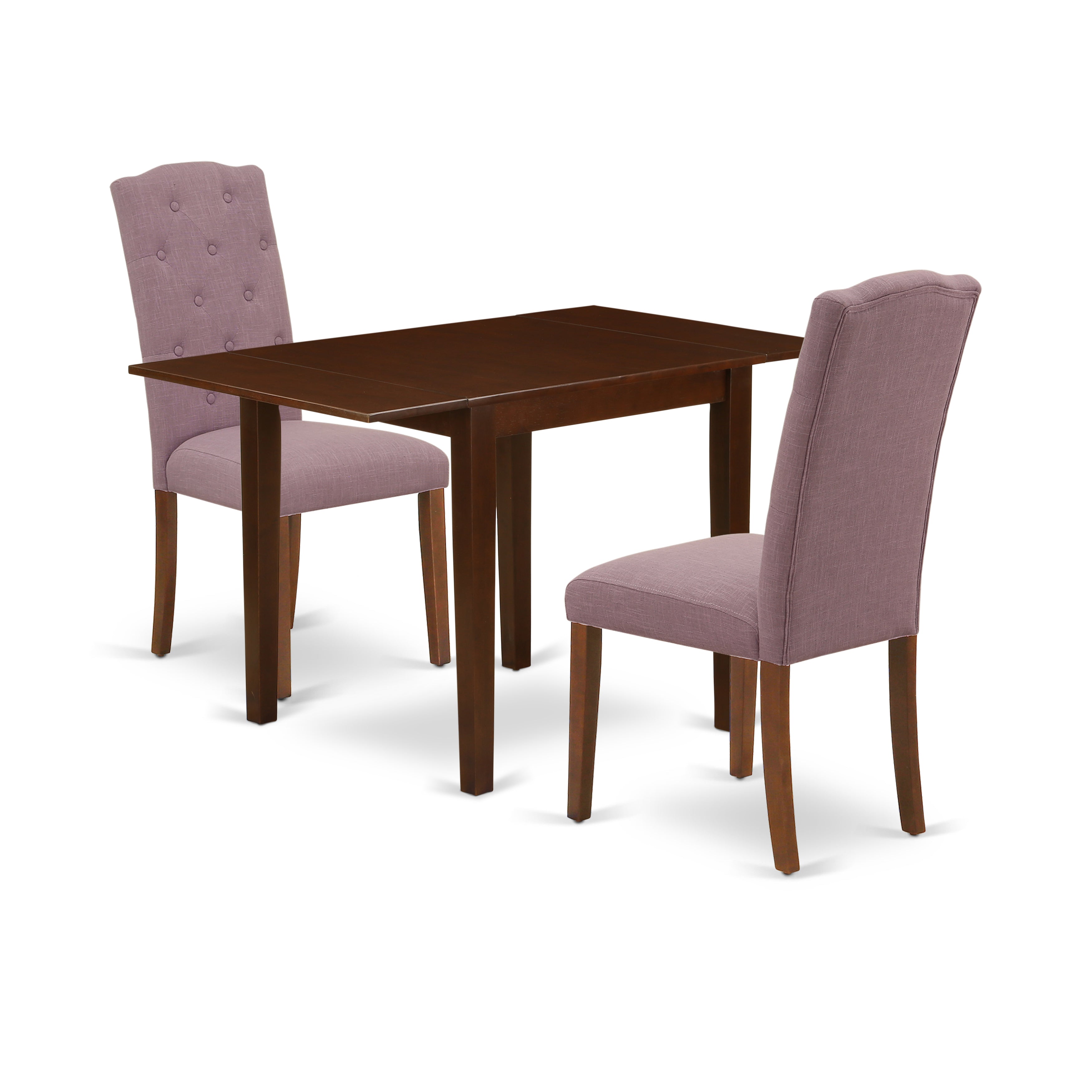 East West Furniture NDCE3-MAH-10 Wooden Dining Table Set 3 Pc - 2 Dining Chairs and a Dining Table - Mahogany Finish Wood - Dahlia Color Linen Fabric