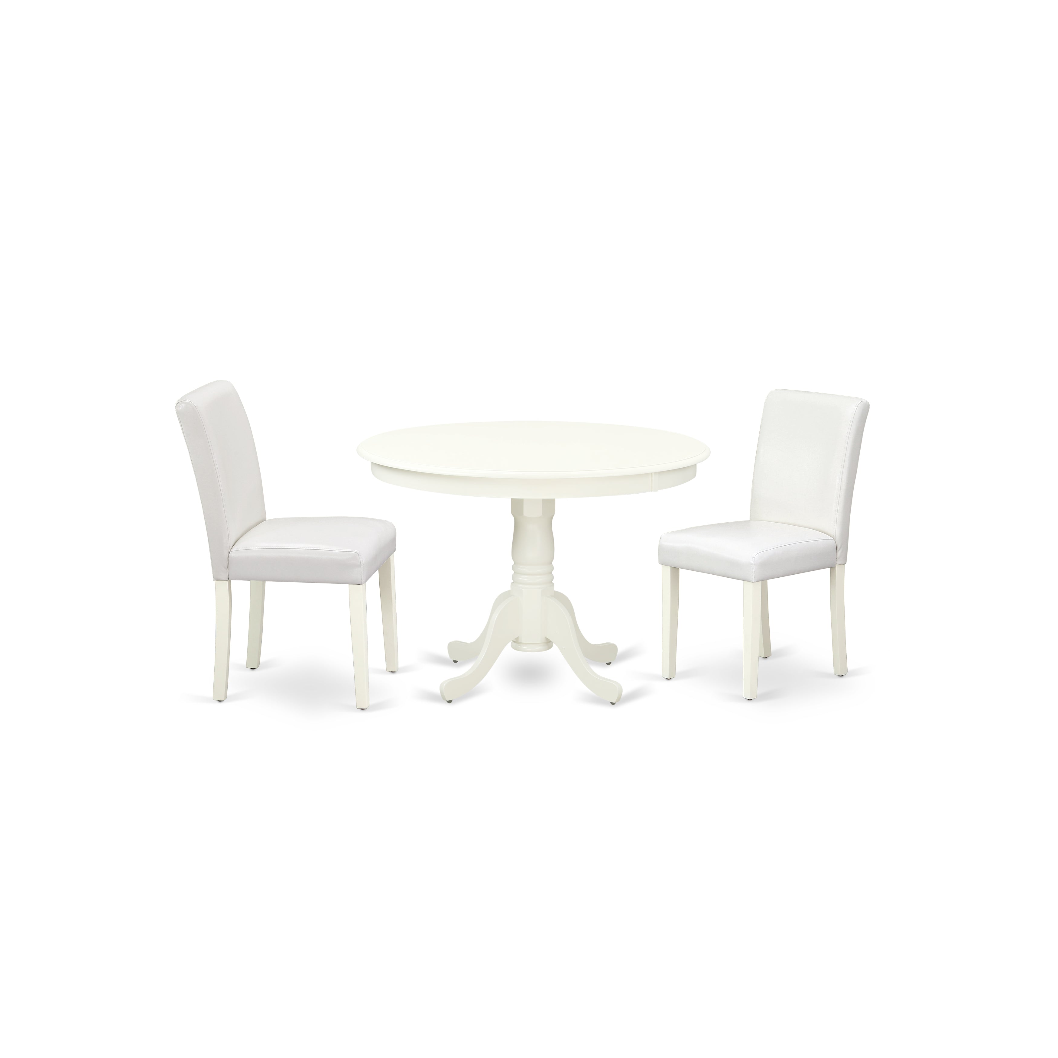 HLAB3-LWH-64 3Pc Round 42 Inch Kitchen Table And 2 Parson Chair With Linen White Leg And Pu Leather Color White