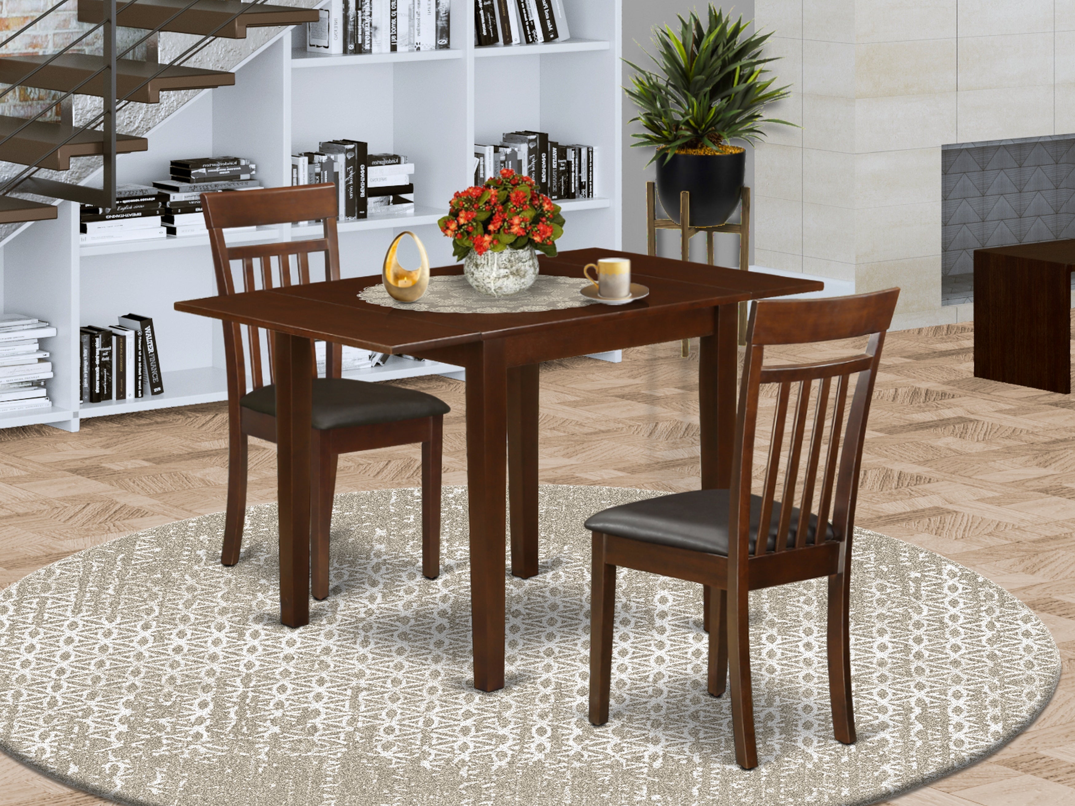 East West Furniture NDCA3-MAH-LC Kitchen Table Set for 3- 2 Great Kitchen Dining Chairs - a fabulous Wood Dining Table - Mahogany Color Faux Leather - Mahogany Finish Wood Frame