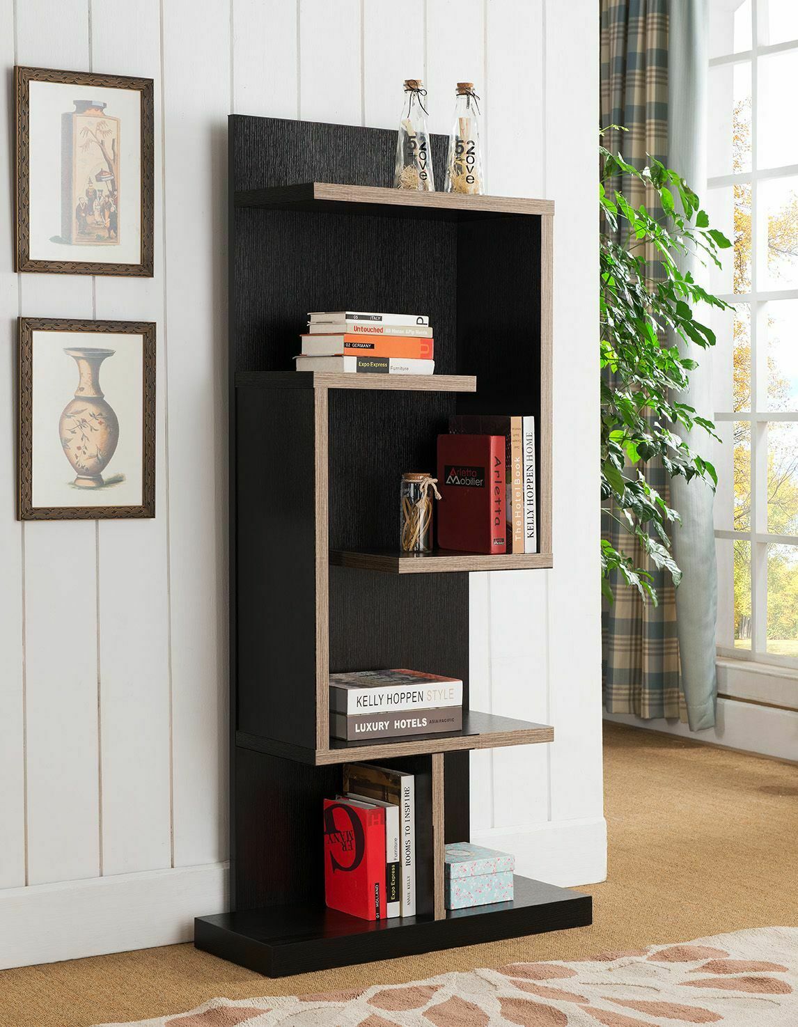 Mid Century Geometric 5- Shelf Asymmetrical Bookcase Shelf Dark Taupe And Black