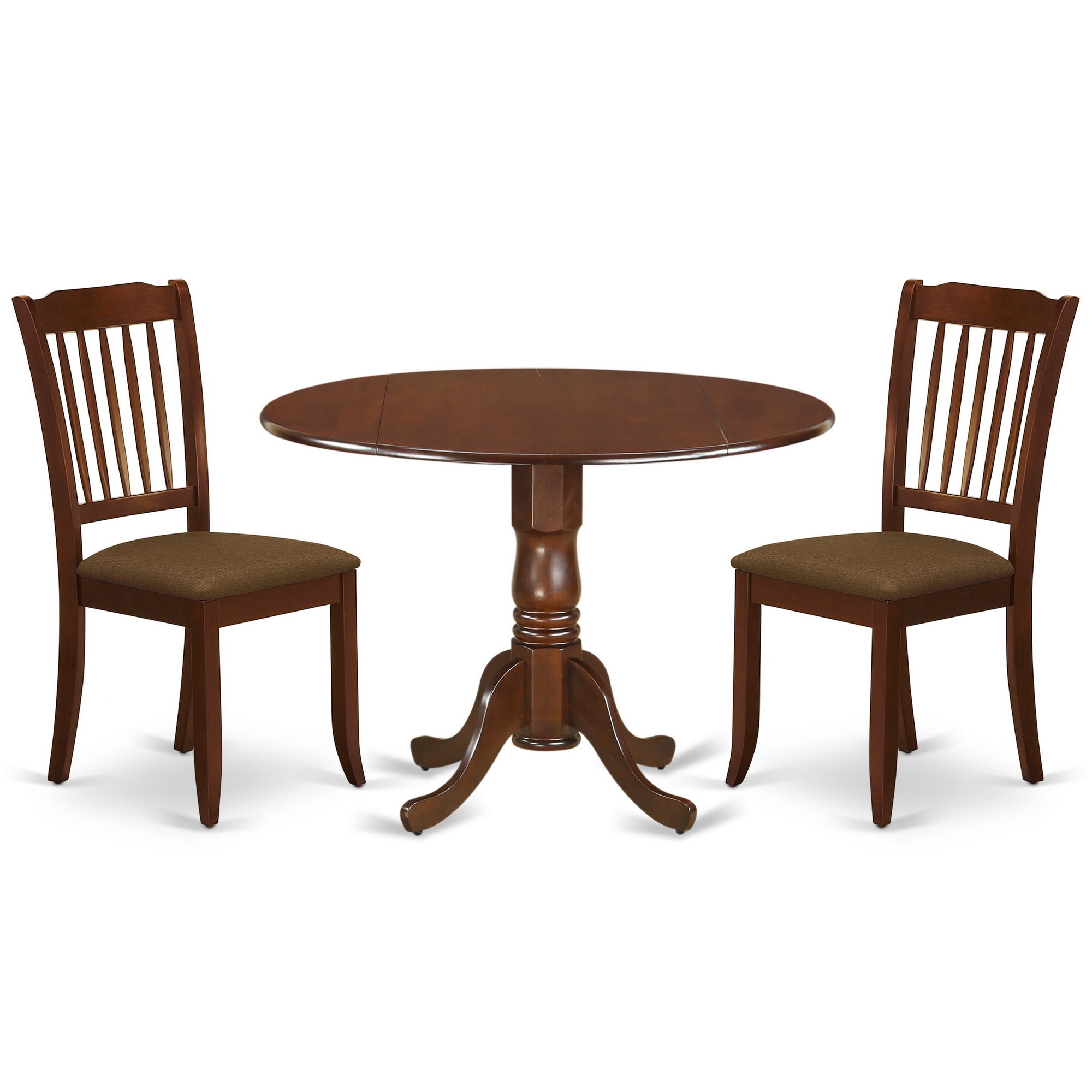 DLDA3-MAH-C 3Pc Dinette Set Includes a Rounded Kitchen Table with Drop Leaves and Two Vertical Slatted Microfiber Seat Dining Chairs, Mahogany Finish