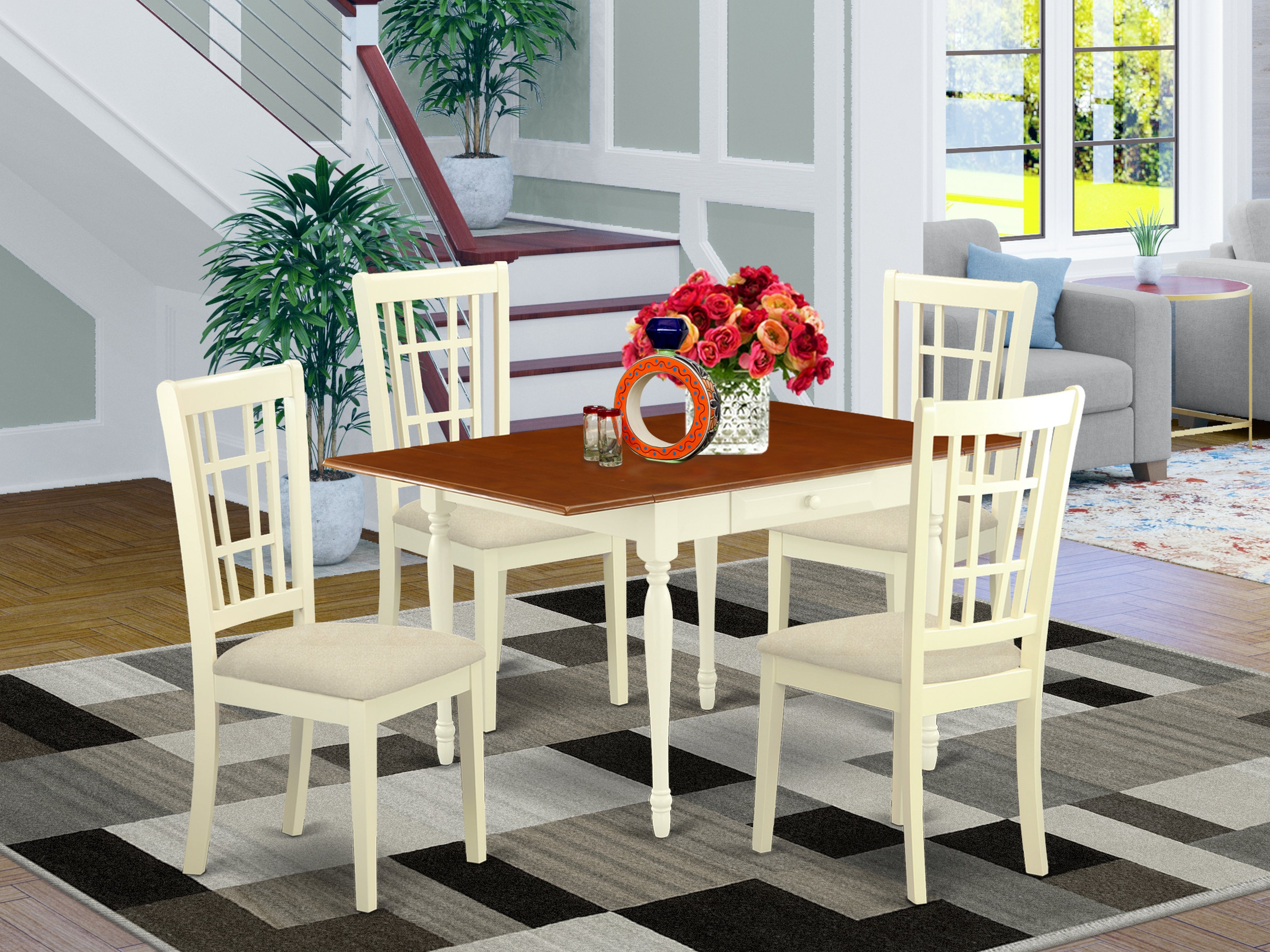 East West Furniture MZNI5-WHI-C 5 Pieces Kitchen Dining Table set - Robust Two 9-Inch Drop Down Leaves Solid Wood Kitchen Table and 4 Microfiber Upholstery Seat Wooden Dining Chairs, Buttermilk and Cherry Finish