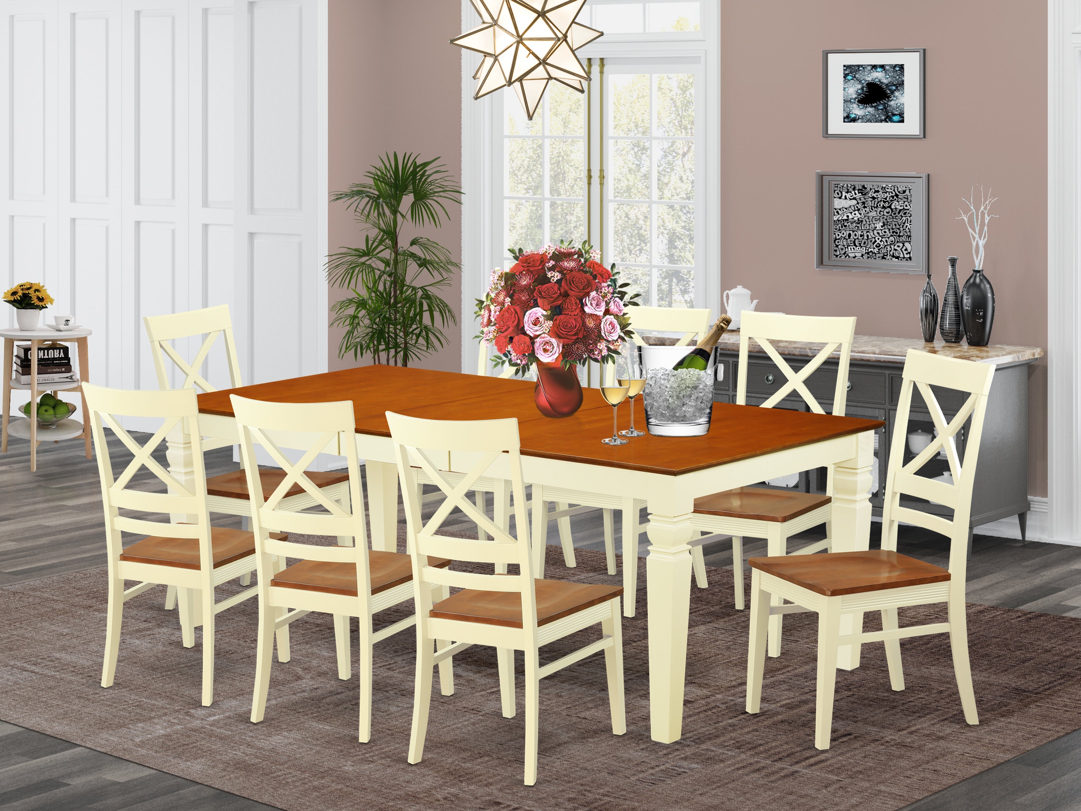 LGQU9-BMK-W 9 Pc Kitchen Table set with a Dining Table and 8 Kitchen Chairs in Buttermilk and Cherry