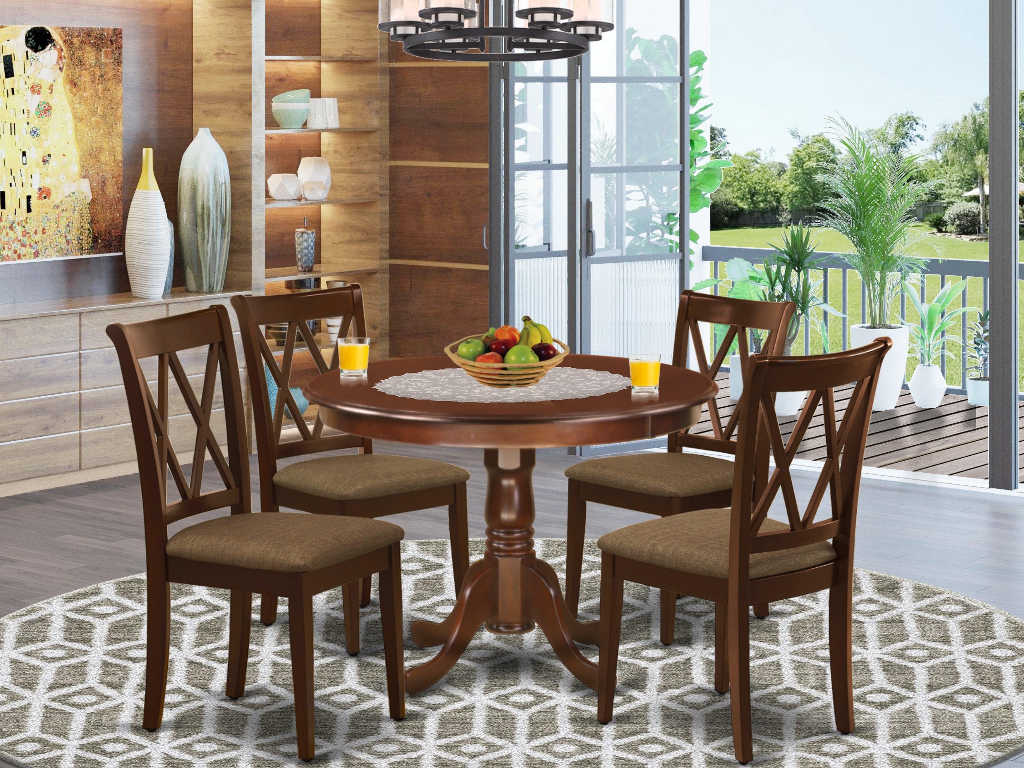 HLCL5-MAH-C 5Pc Dining Set Includes a Round Dinette Table and Four Double X Back Microfiber Seat Kitchen Chairs, Mahogany Finish