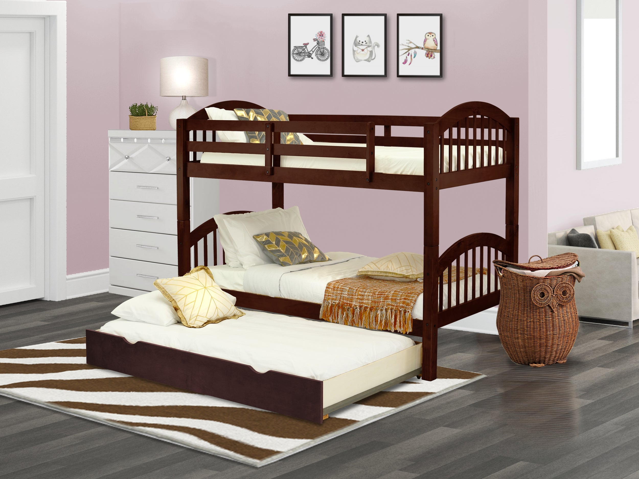 East West Furniture Verona Twin Bunk Bed in Java Finish with Convertible Trundle & Drawer