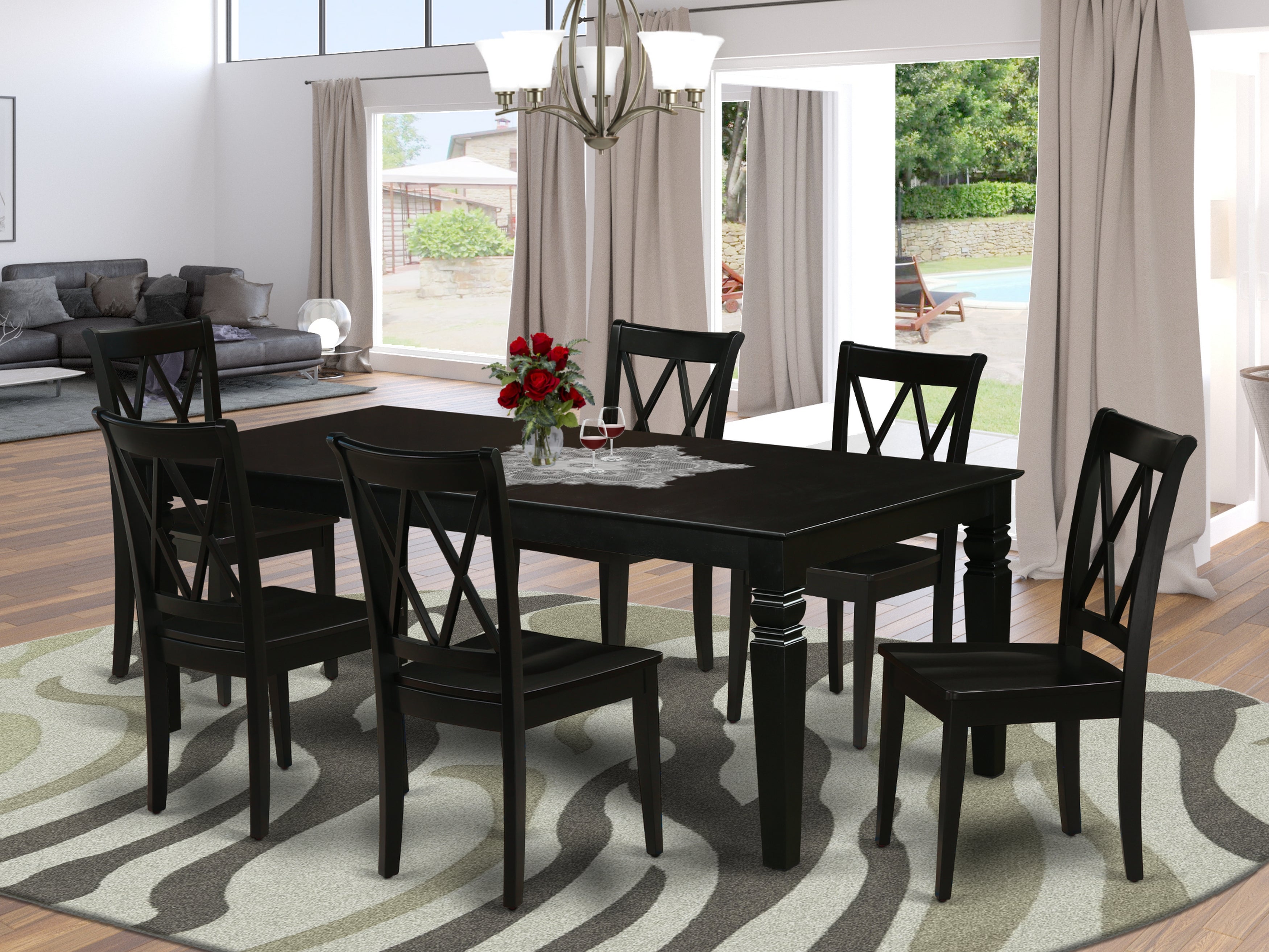 LGCL7-BLK-W 7Pc Rectangular 66/84 Inch Dining Room Table With 18 In Leaf And Six Wood Seat Chairs