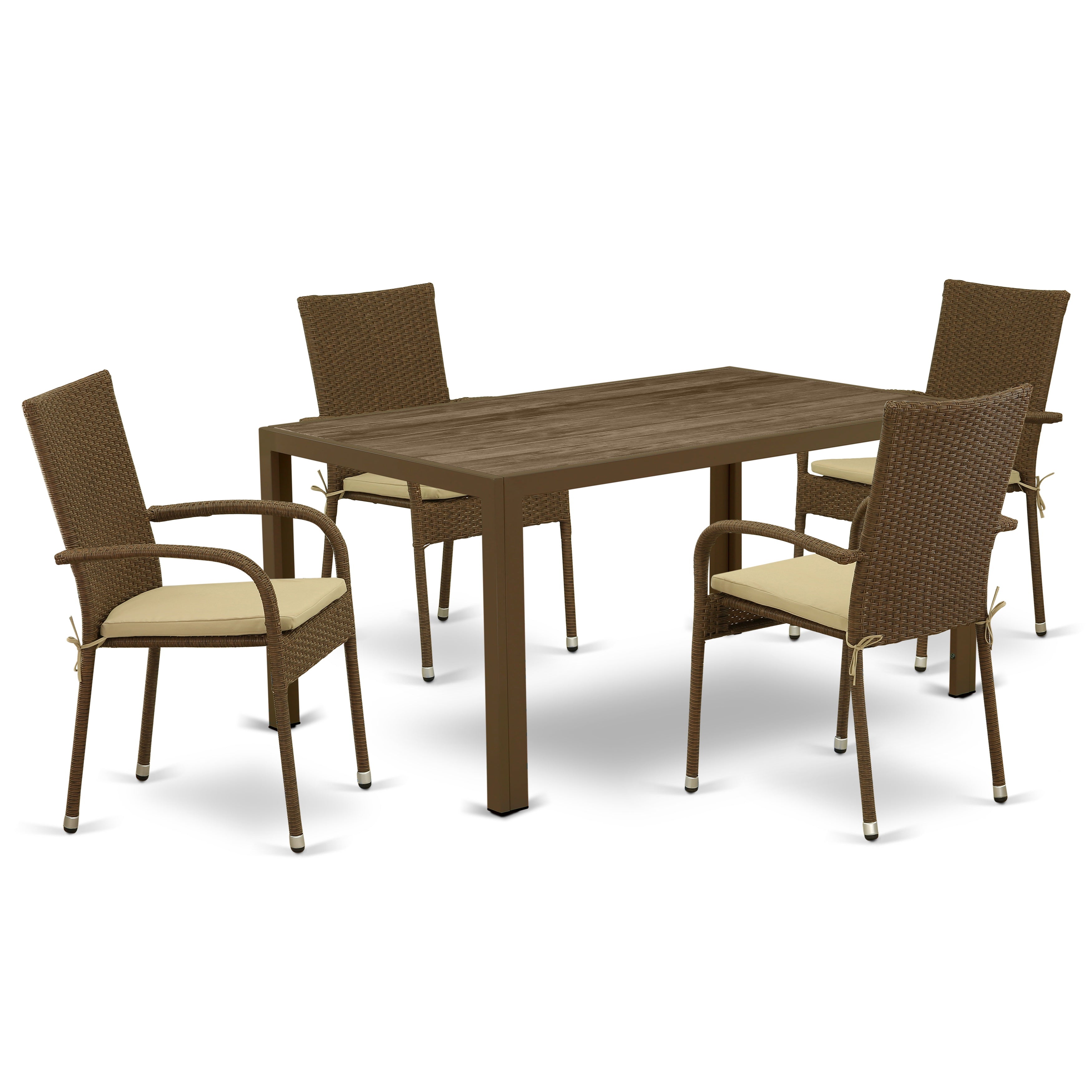 JUGU5-02A 5Pc Outdoor-Furniture Brown Wicker Dining Set Includes a Patio Table and 4 Balcony Backyard Armchair with Linen Fabric Cushion
