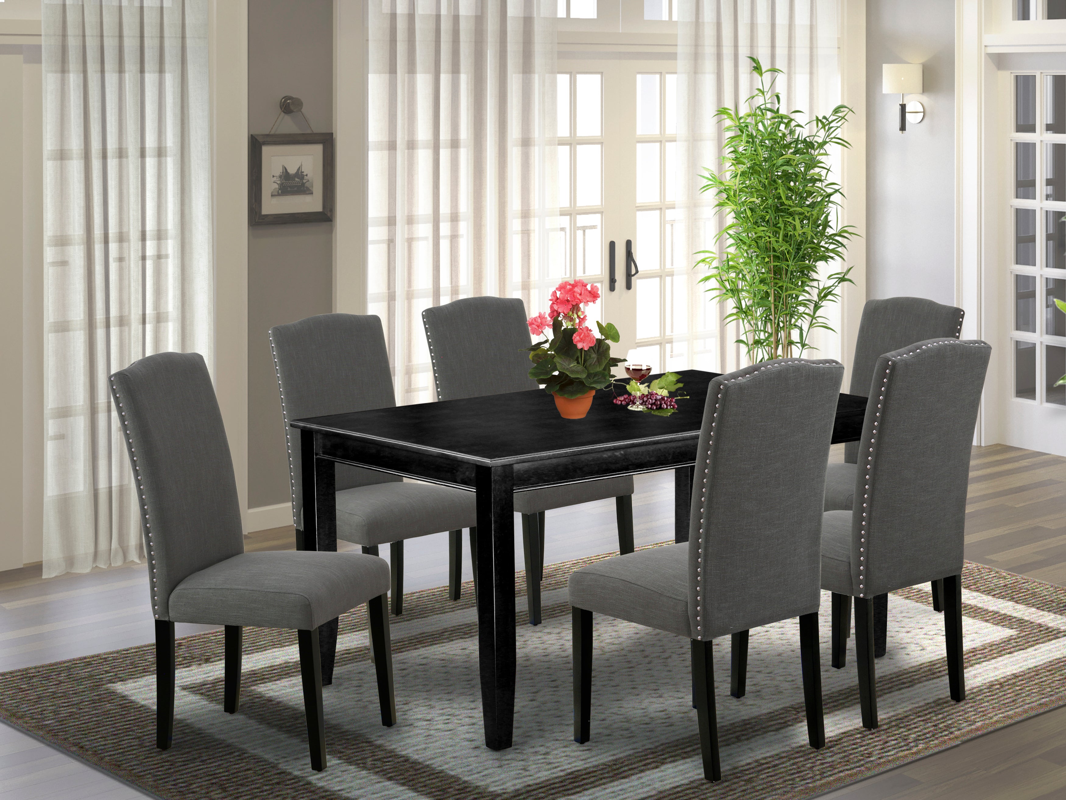 DUEN7-BLK-20 7Pc Rectangular 60 Inch Dining Table And Six Parson Chair With Black Leg And Linen Fabric Dark Gotham Grey