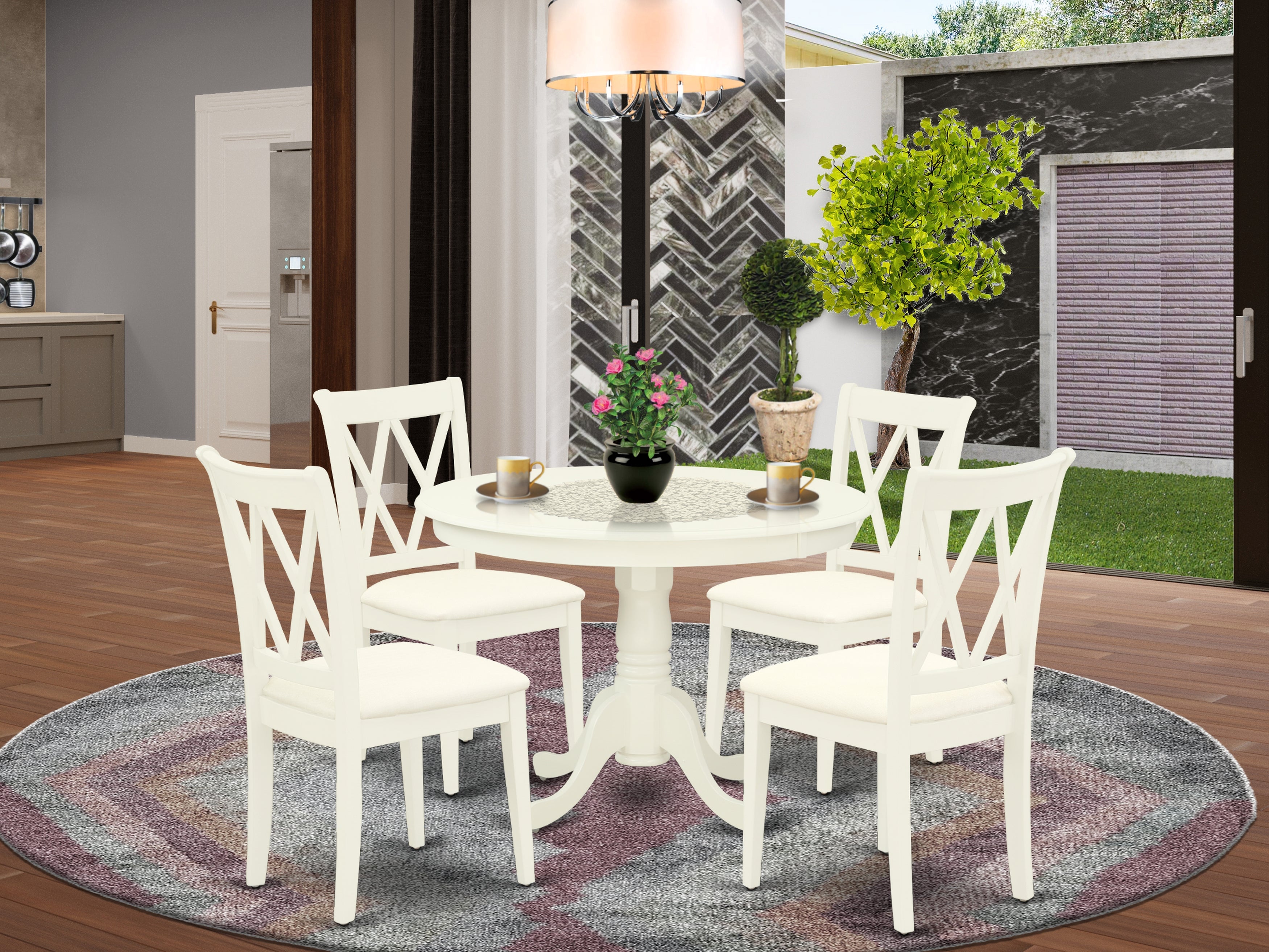 HLCL5-LWH-C 5Pc Dining Set Includes a Round Dinette Table and Four Double X Back Microfiber Seat Kitchen Chairs, Linen White Finish