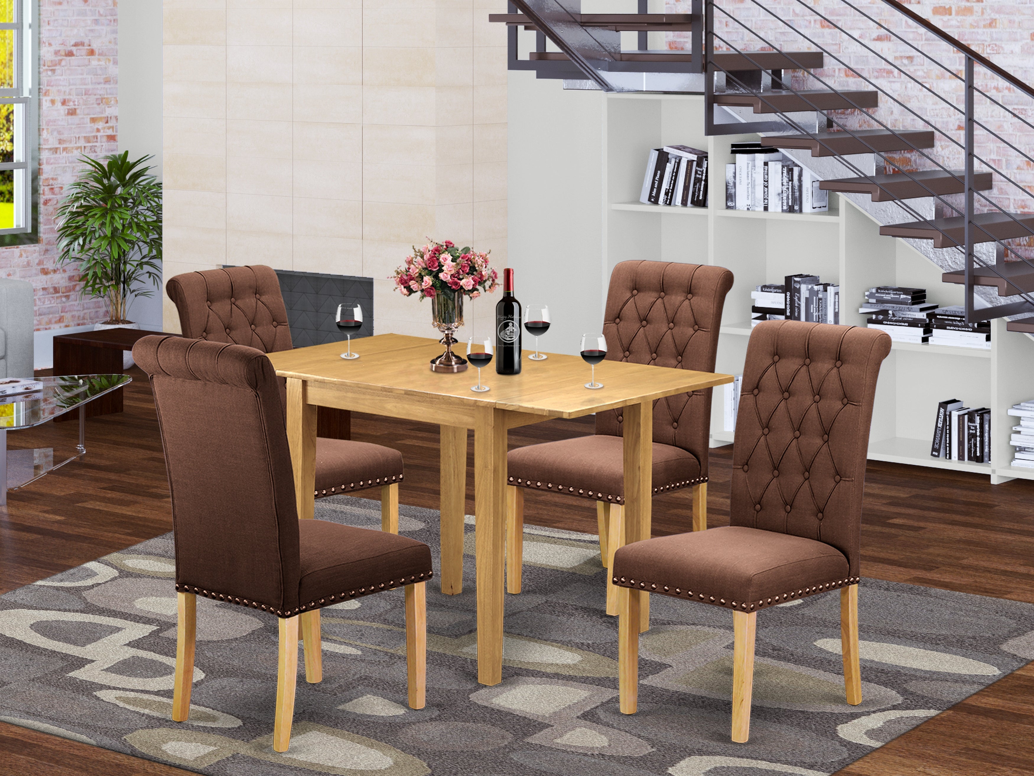 East West Furniture NDBR5-OAK-19 Dining Table Set 5 Pc - 4 Parson Dining Chairs and a Breakfast Table - Oak Finish Solid wood - Chocolate Color Linen Fabric