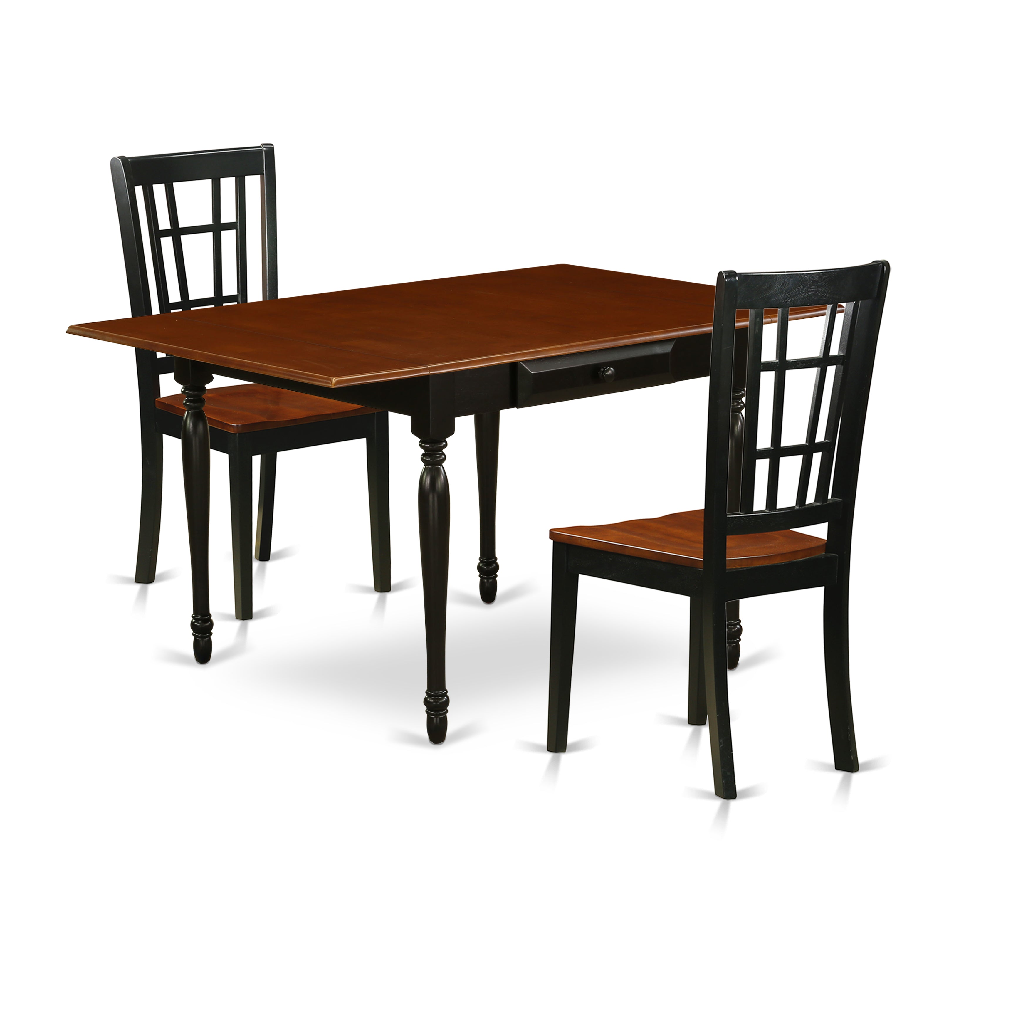 East West Furniture MZNI3-BCH-W 3 Pieces Dining Table set - Strong Two 9-Inch Drop Down Leaves Real Wood Table and 2 Real Wood Seat Modern Dining Chairs, Black and Cherry Finish