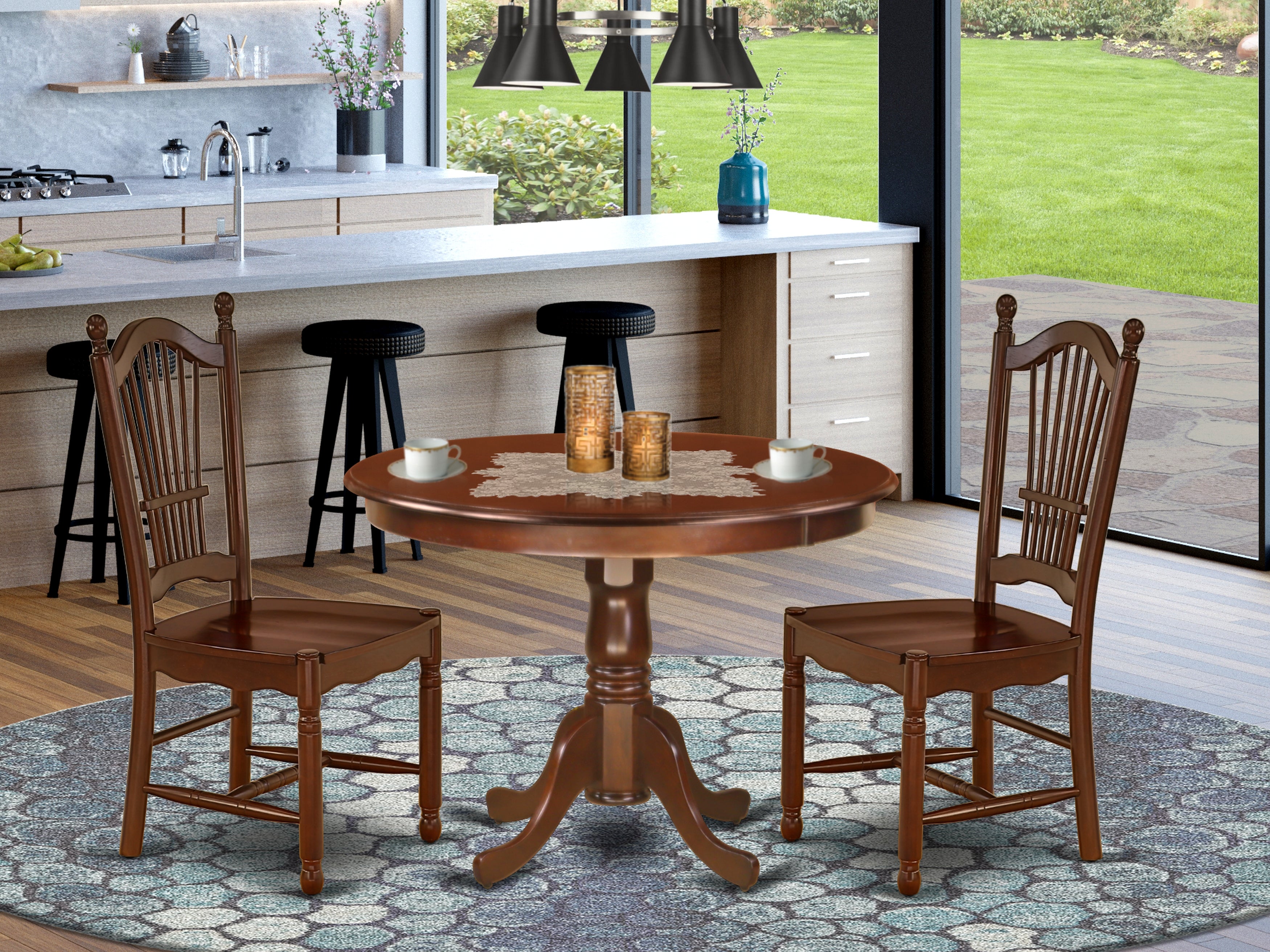 HLDO3-MAH-W 3Pc Round 42 Inch Dining Table And 2 Wood Seat Dining Chairs