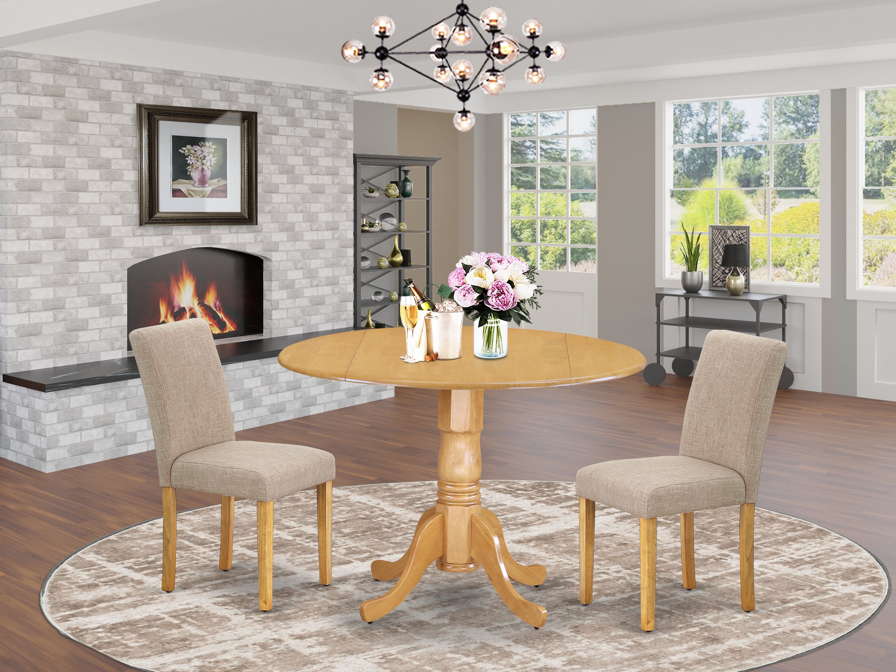 DLAB3-OAK-04 3Pc Round 42" Dining Room Table With Two 9-Inch Drop Leaves And 2 Parson Chair With Oak Leg And Linen Fabric Light Fawn