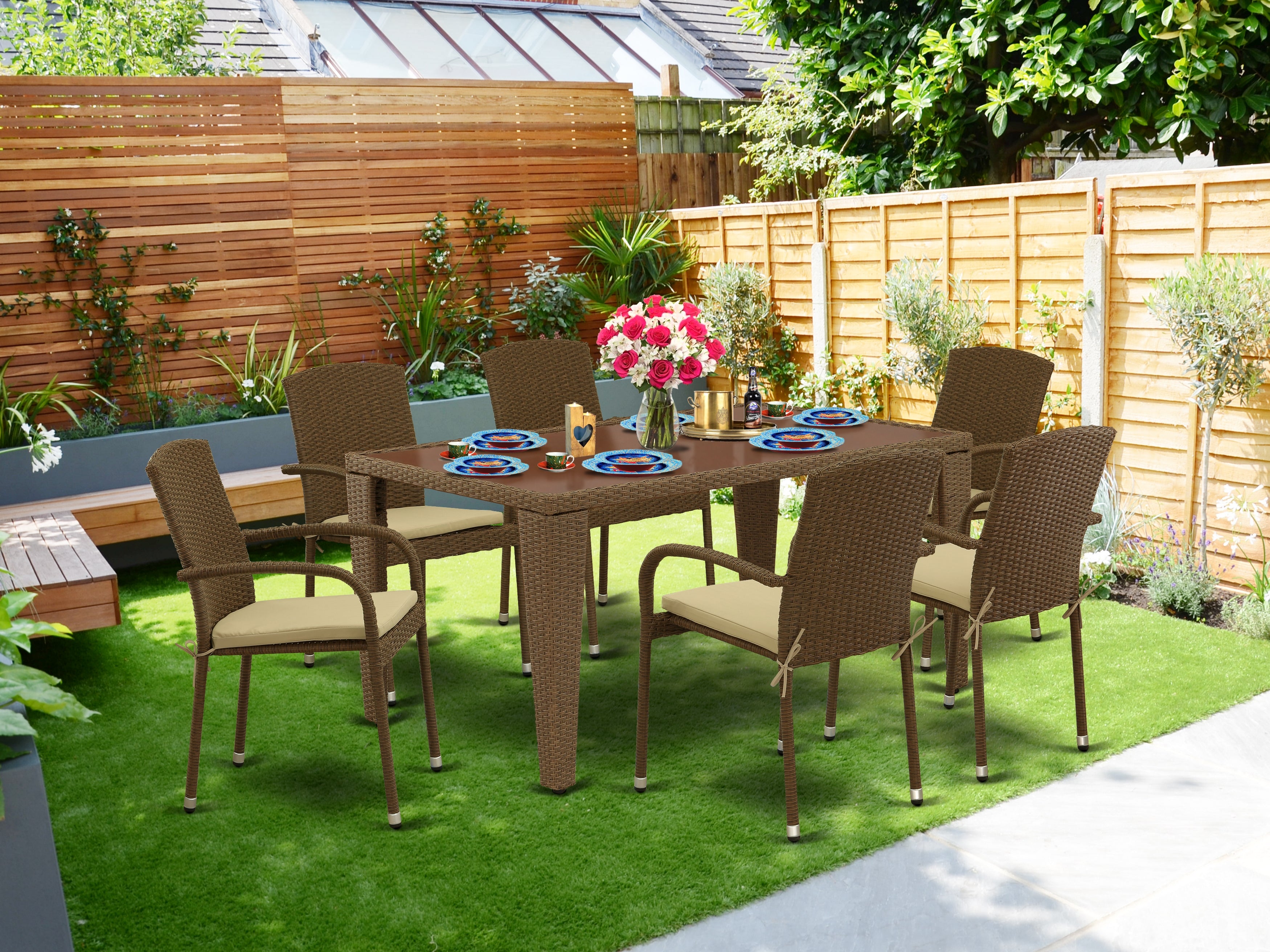 GUJU7-02A 7Pc Outdoor-Furniture Brown Wicker Dining Set Includes a Patio Table and 6 Balcony Backyard Armchair with Linen Fabric Cushion