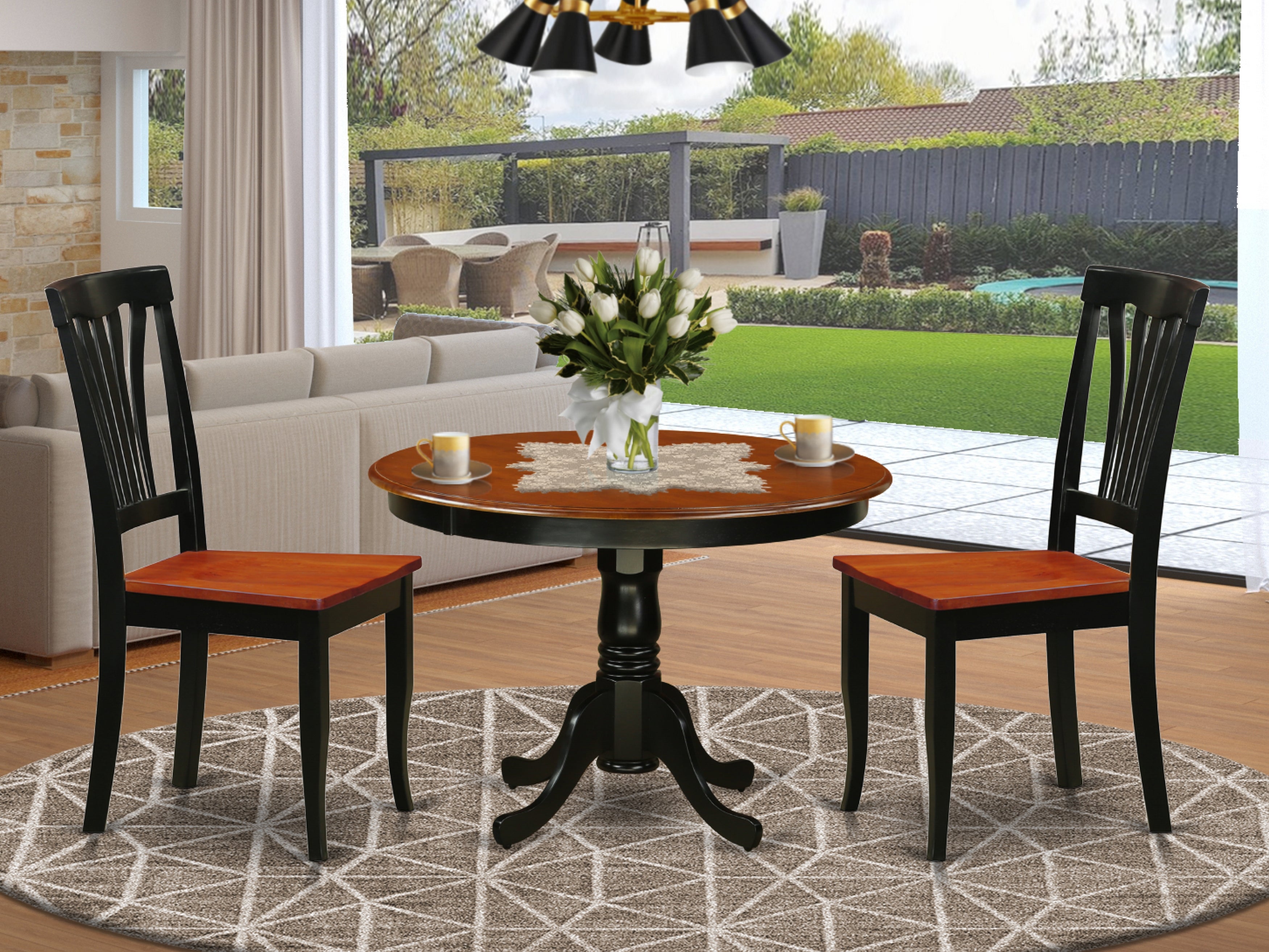 HLAV3-BCH-W 3 Pc set with a Round Table and 2 Wood Dinette Chairs in Black and Cherry