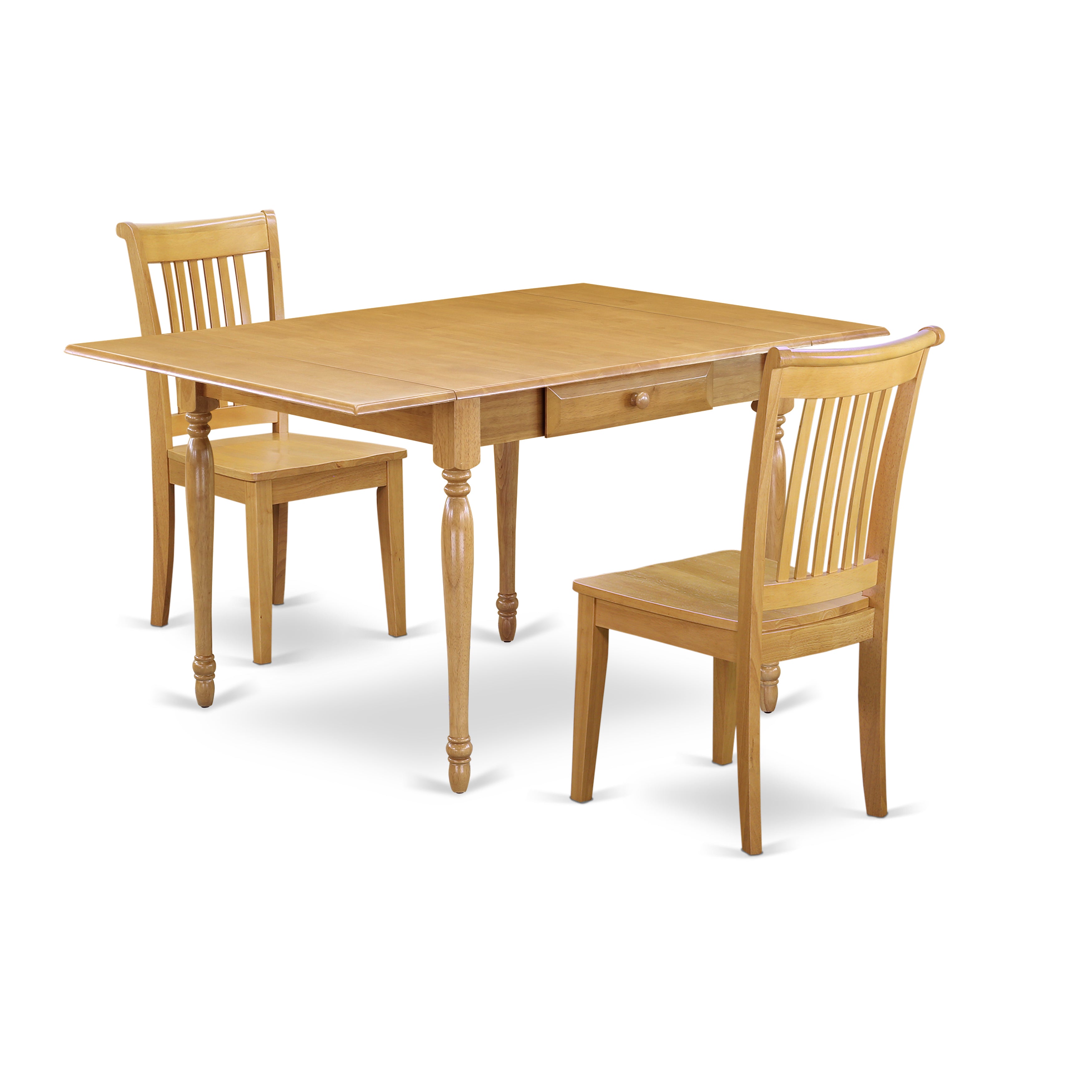 East West Furniture MZPO3-OAK-W 3 Pieces Kitchen Table set - Robust Drop Leaf Solid Wood Dining Room Table and 2 Hardwood Seat Kitchen Chairs, Oak Finish