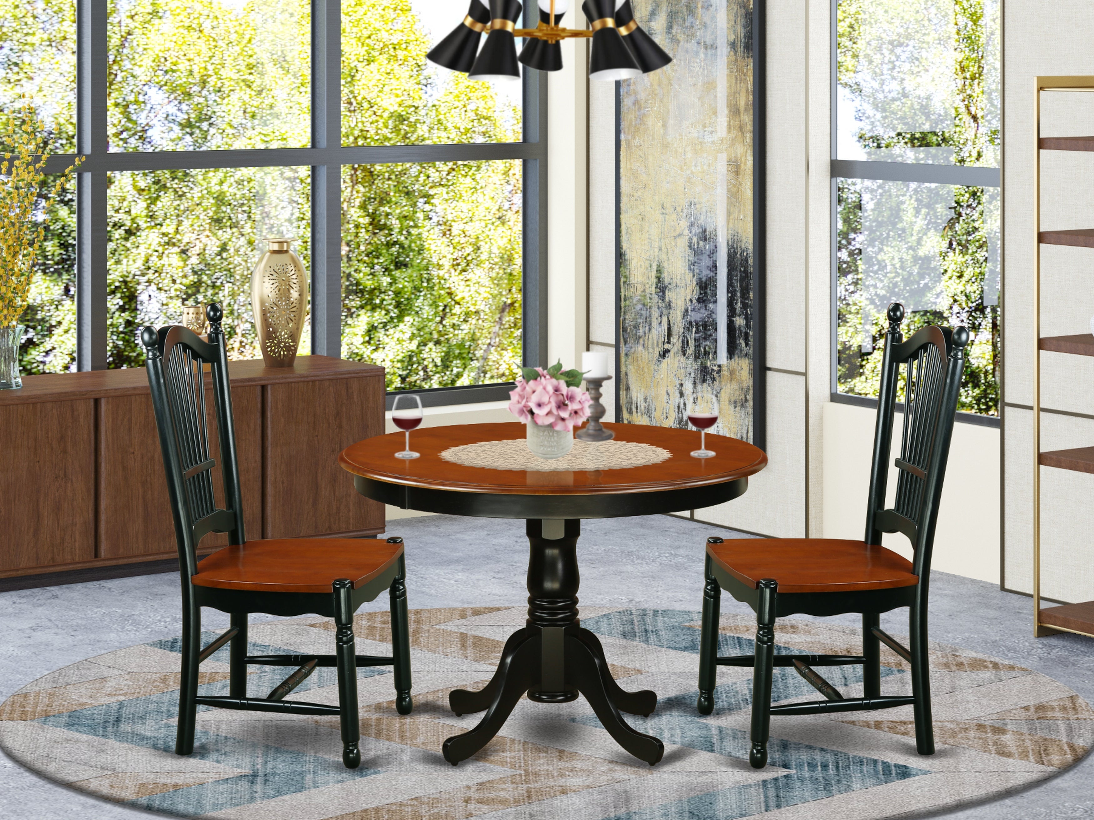 HLDO3-BCH-W 3 Piece Hartland Set With One Round 42in Dinette Table And Two Dinette Chairs With faux leather Seat In A Beautiful Black And Cherry Finish.